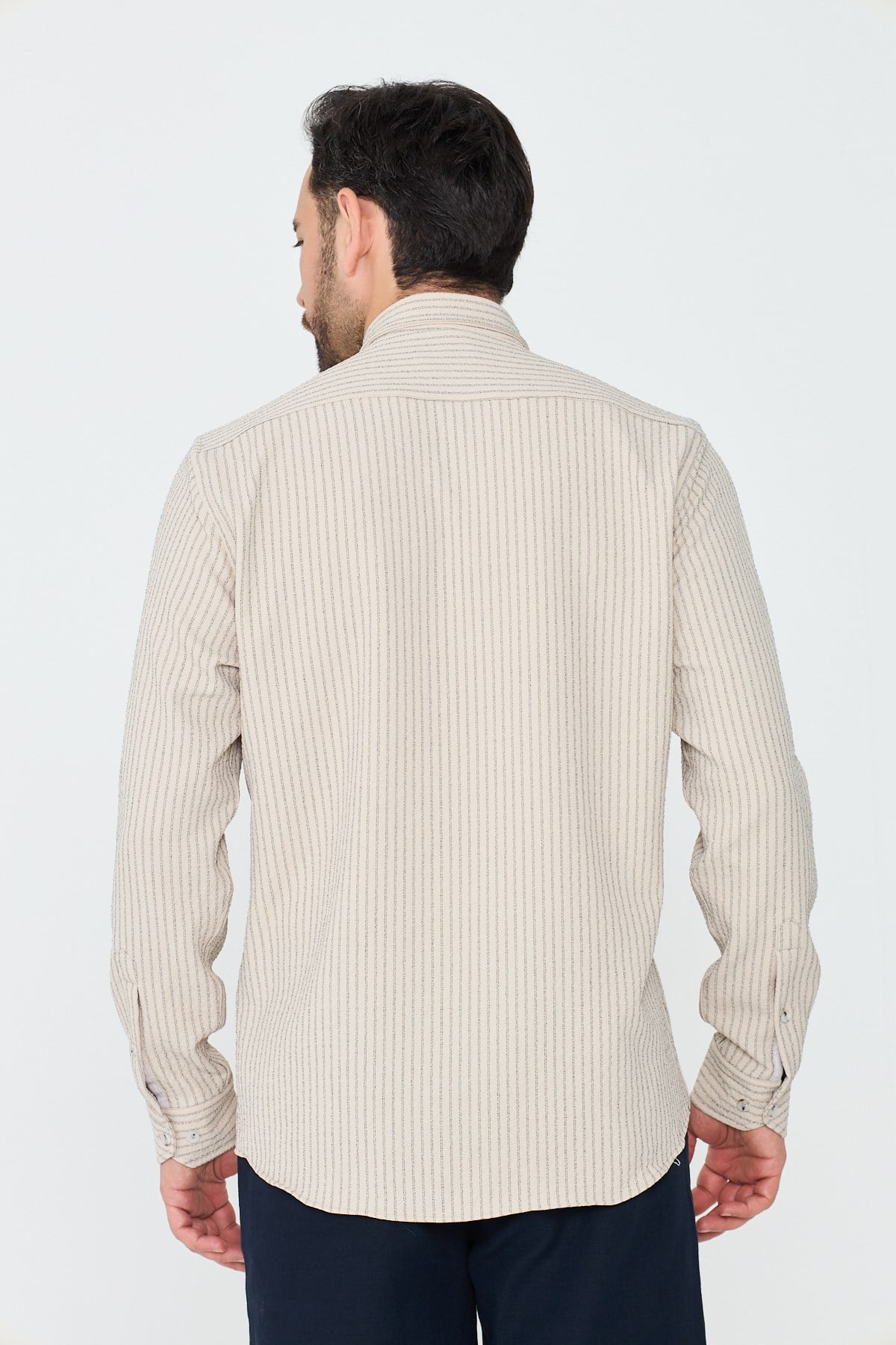 White StoneKrem Rengi Çizgili Dynamic Fit Erkek Uzun Kollu Gömlek