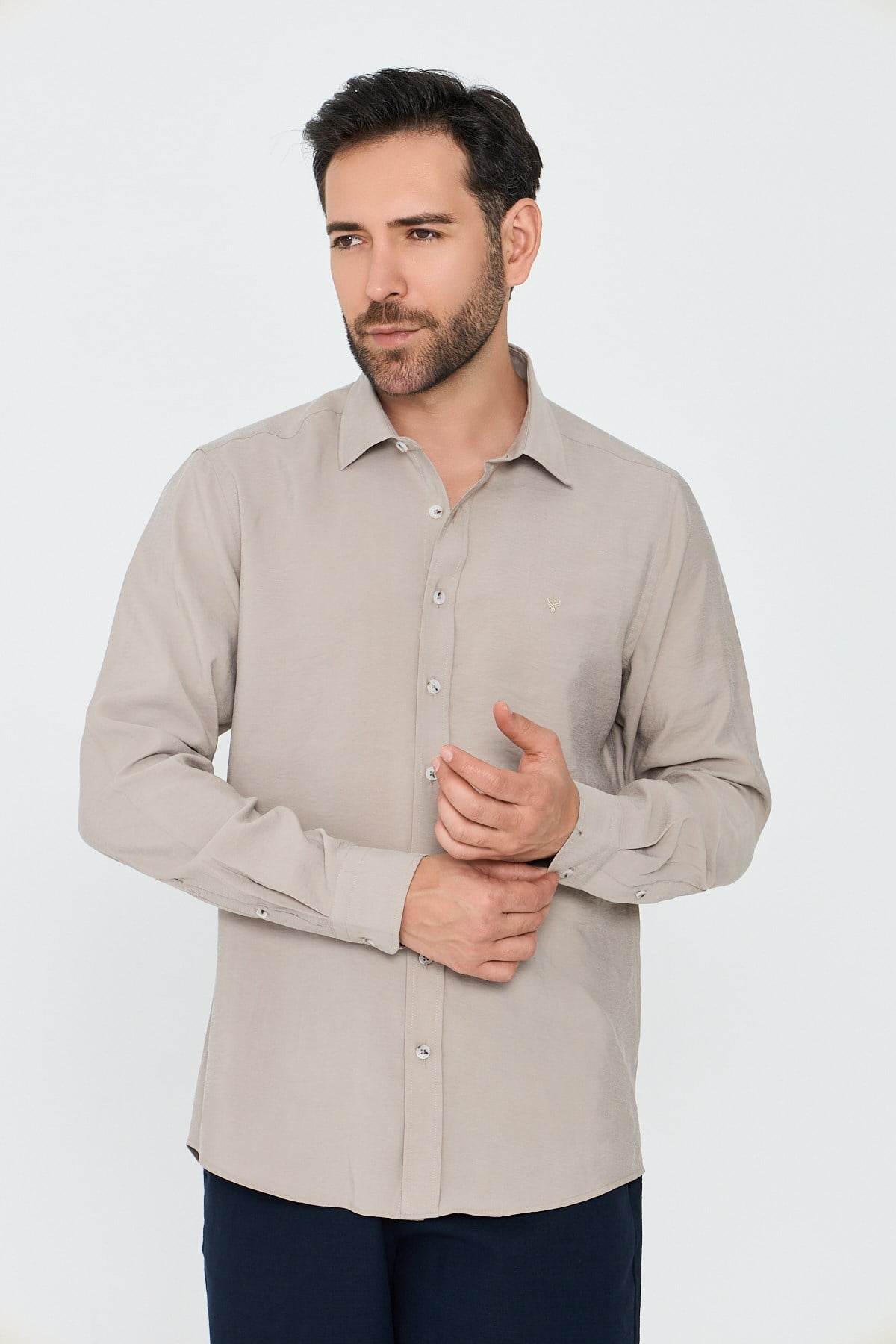 White StoneKrem Rengi Dynamic Fit Uzun Kollu Erkek Gömlek