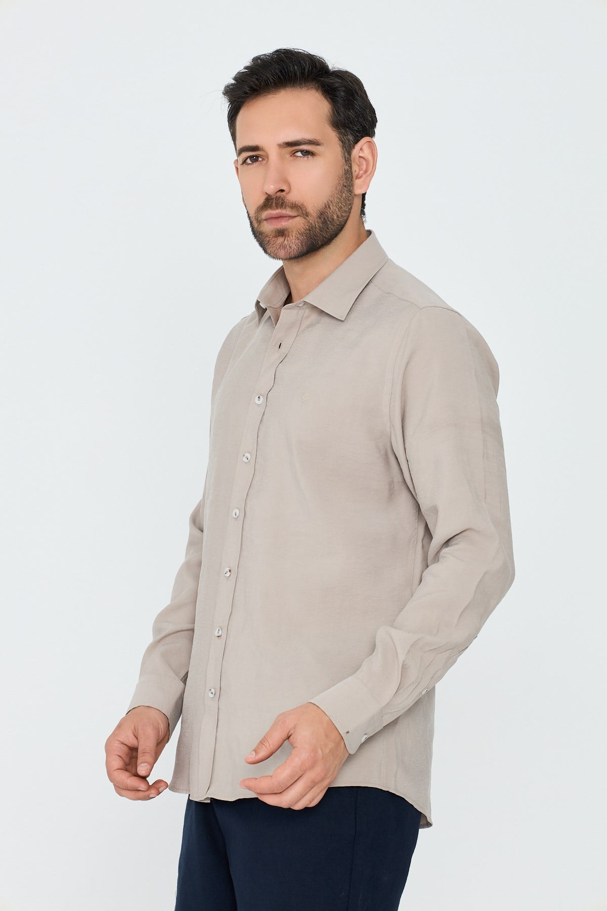 White StoneKrem Rengi Dynamic Fit Uzun Kollu Erkek Gömlek