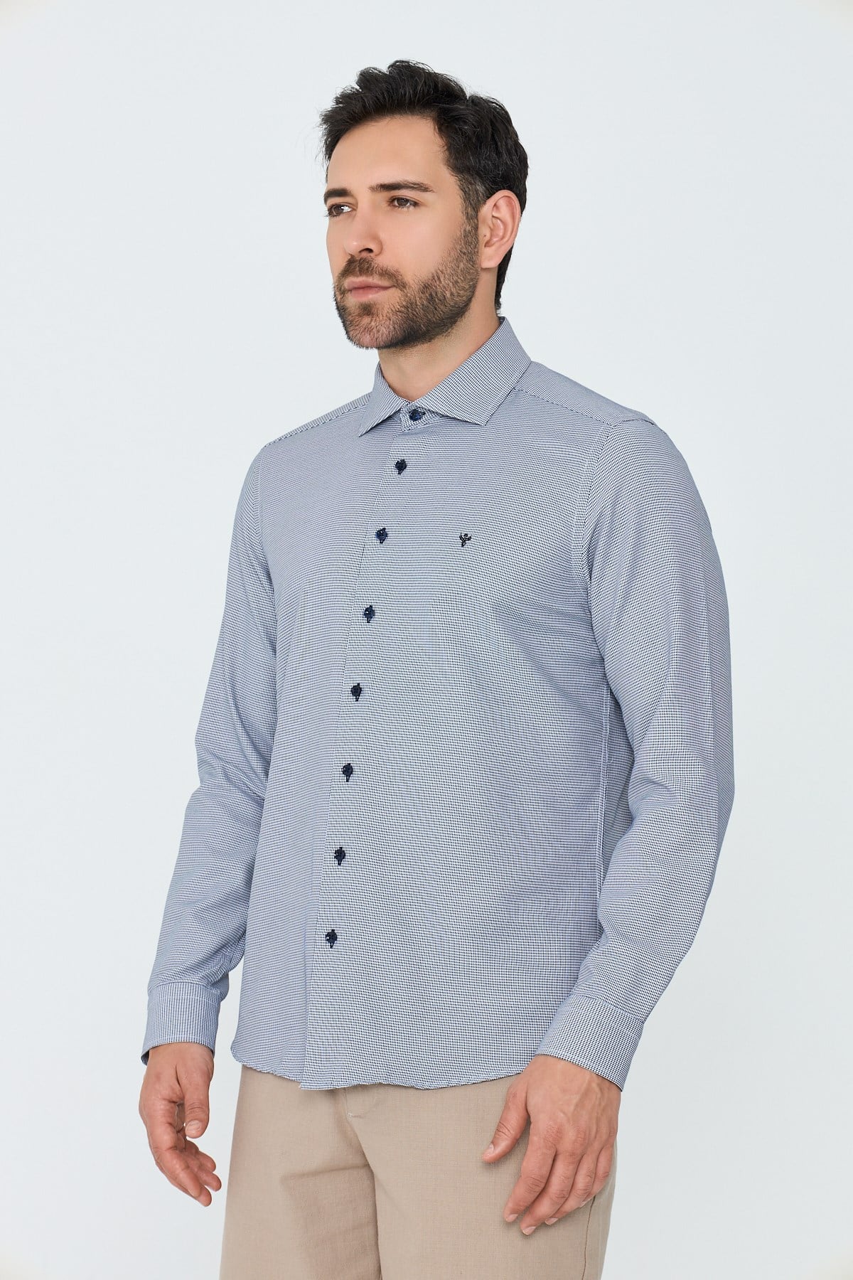 White StoneLacivert Mikro Desenli Dynamic Fit Erkek Uzun Kollu Gömlek
