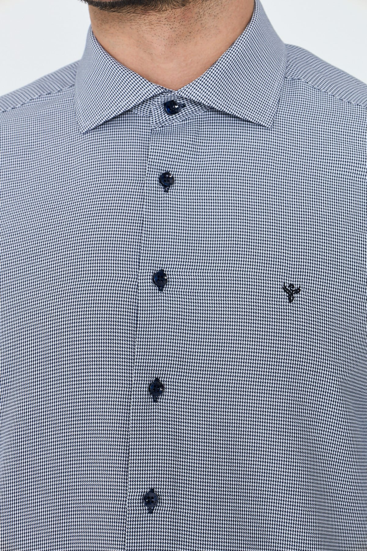 White StoneLacivert Mikro Desenli Dynamic Fit Erkek Uzun Kollu Gömlek
