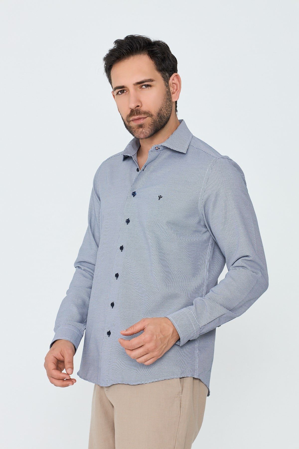 White StoneLacivert Mikro Desenli Dynamic Fit Erkek Uzun Kollu Gömlek