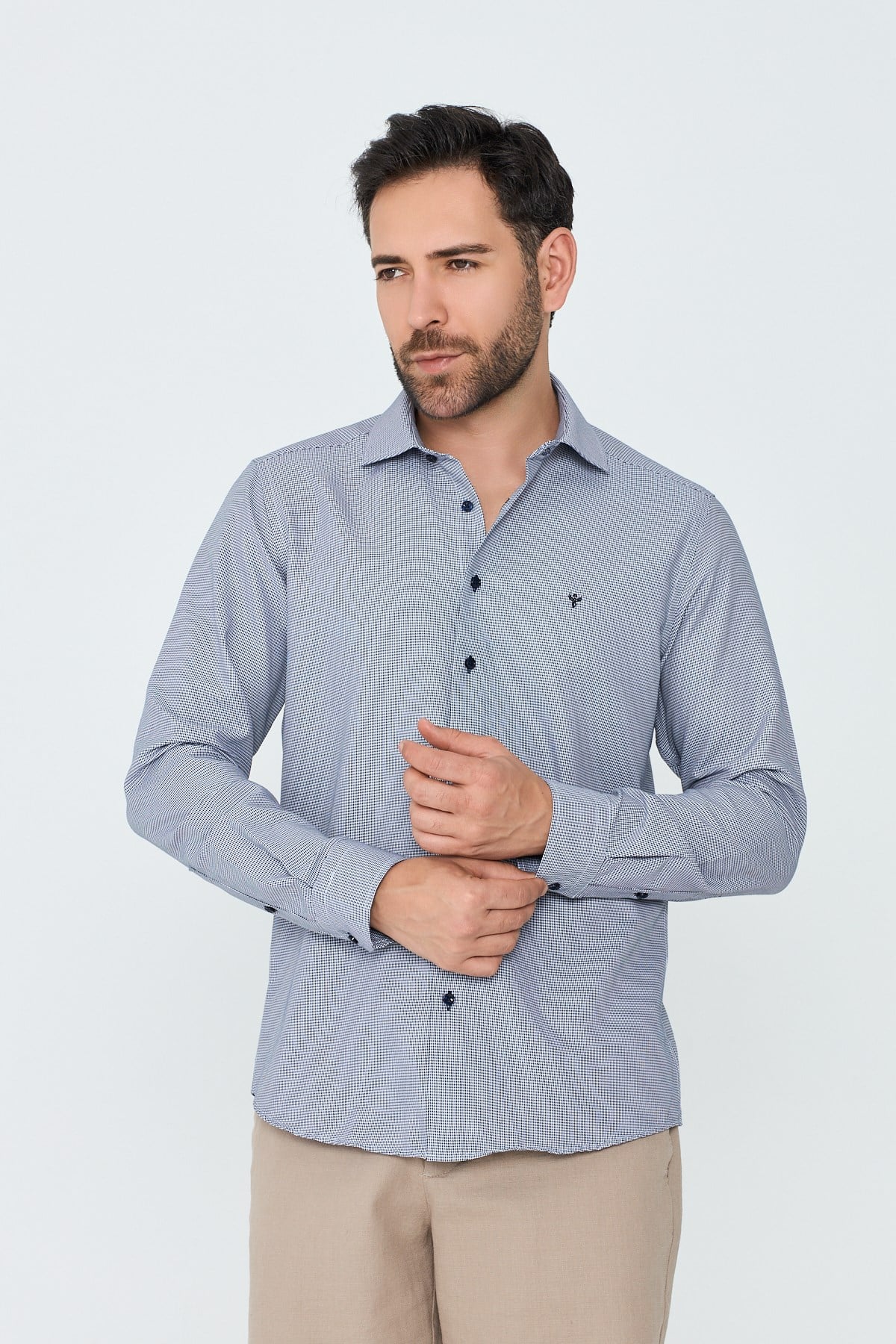 White StoneLacivert Mikro Desenli Dynamic Fit Erkek Uzun Kollu Gömlek