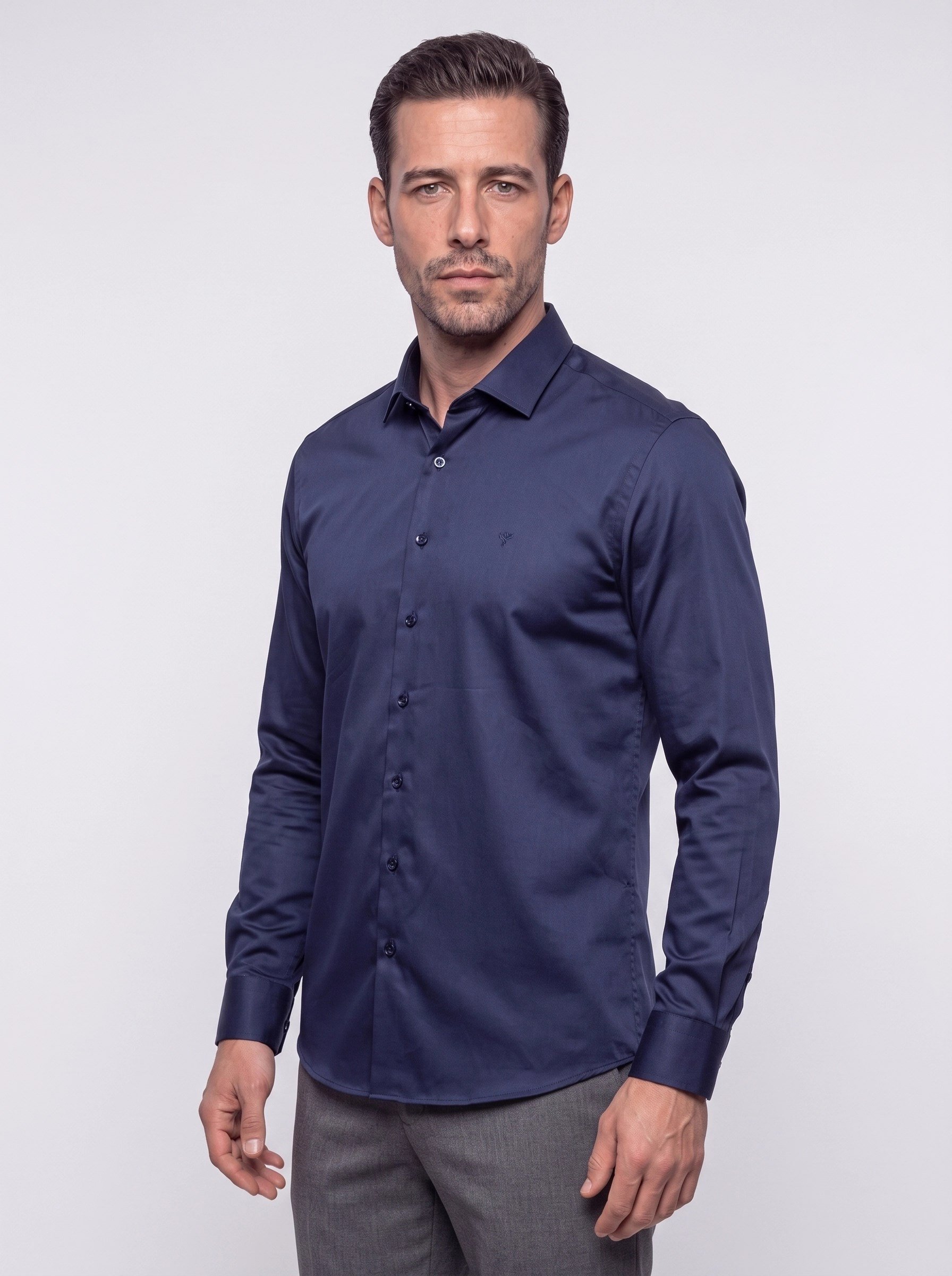 White StoneLacivert Non-Iron Pamuklu Dynamic Fit Erkek Uzun Kollu Gömlek