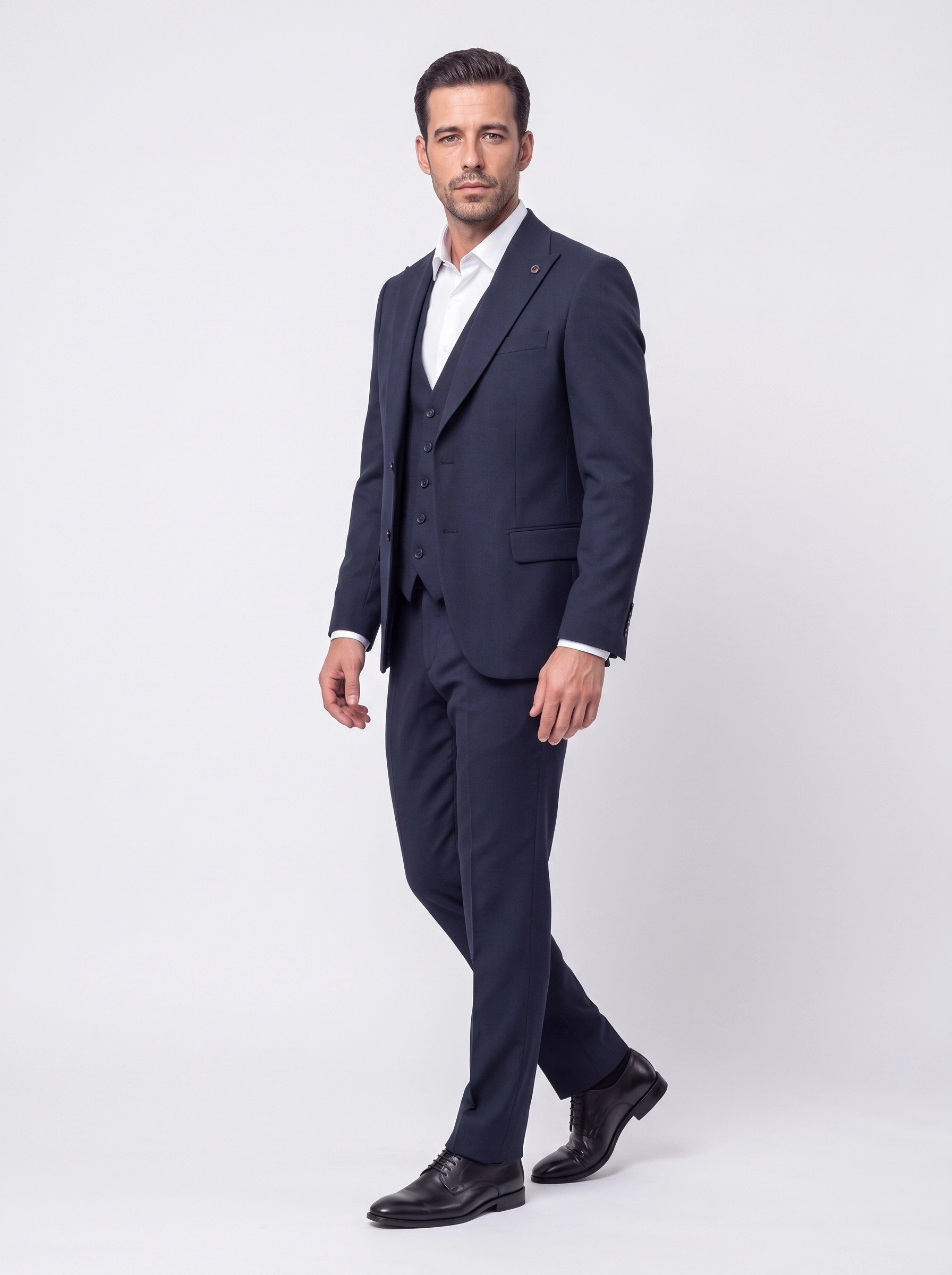 White StoneLacivert Regular Fit 6 Drop Sivri Yaka Yelekli Erkek Takım Elbise