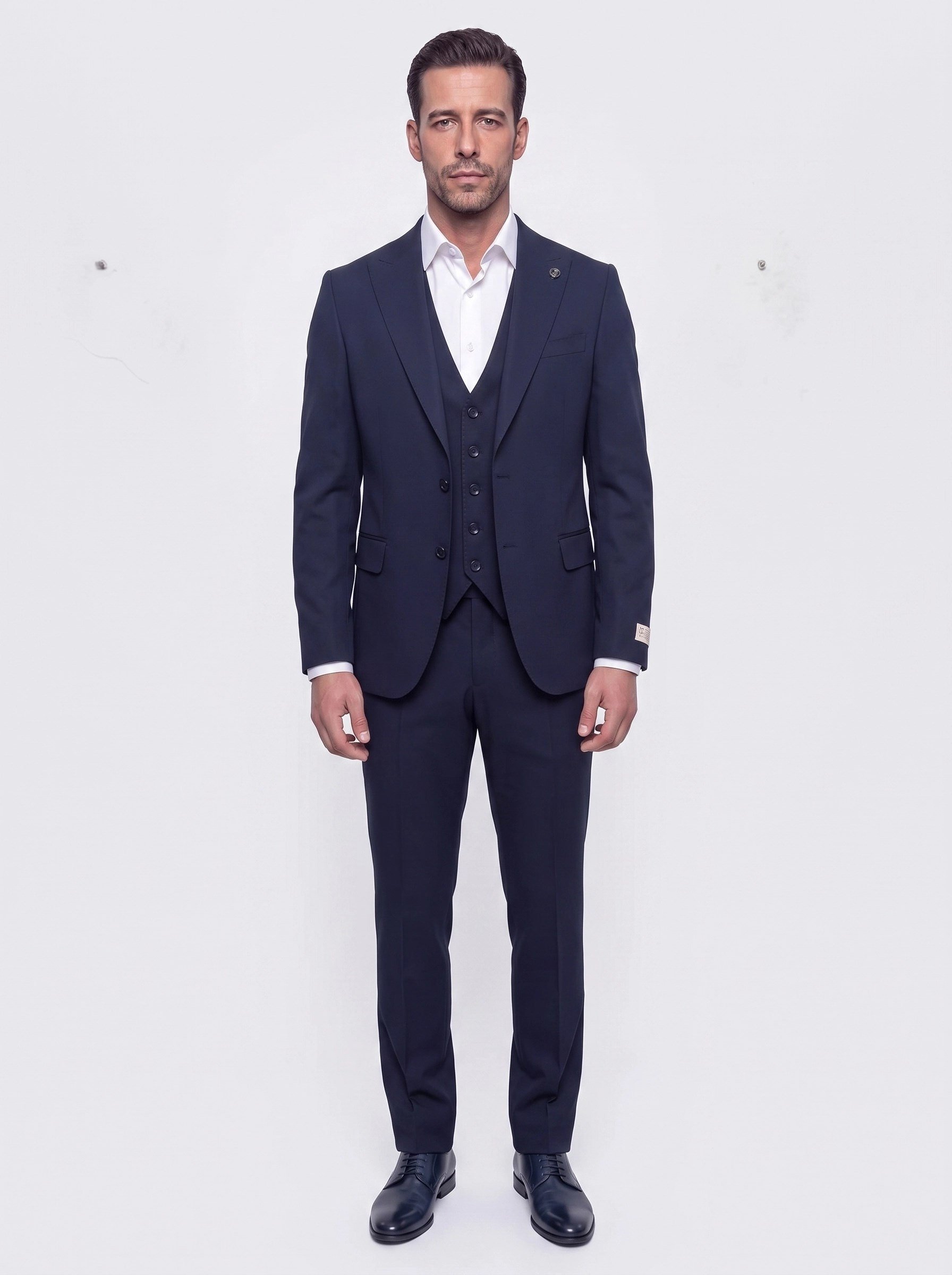 White StoneLacivert Sivri Yaka 6 Drop Regular Fit Yelekli Erkek Takım Elbise