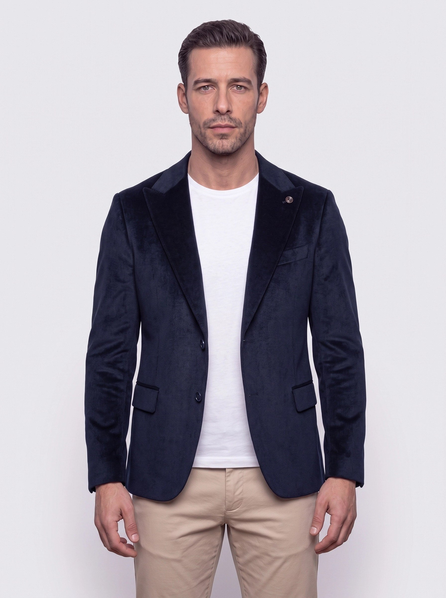 White StoneLacivert Sivri Yakalı Slim Fit 6 Drop Erkek Casual Kadife Ceket