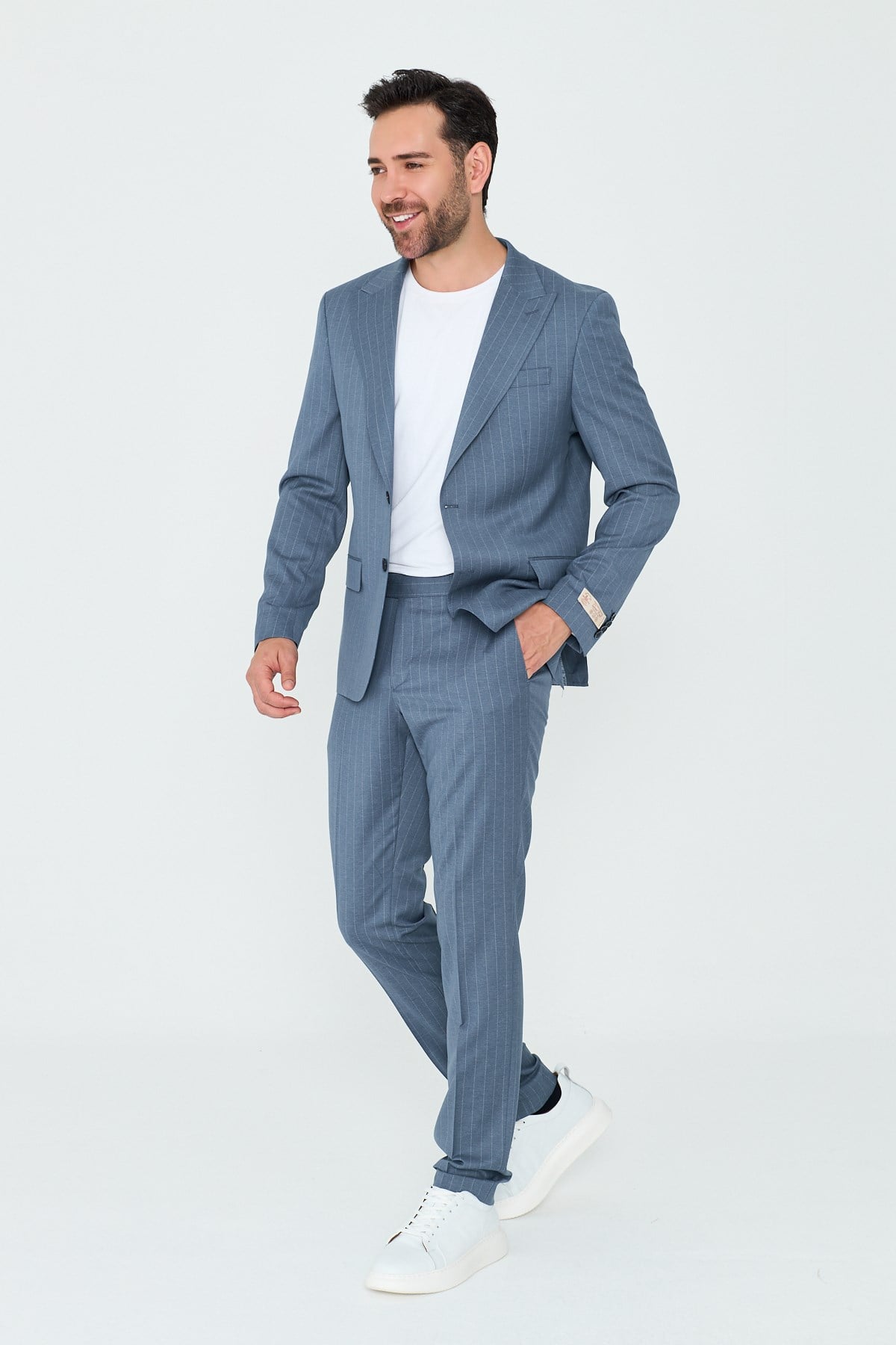 White StoneMavi Çizgili Sivri Yaka 6 Drop Regular Fit Günlük Takım Elbise