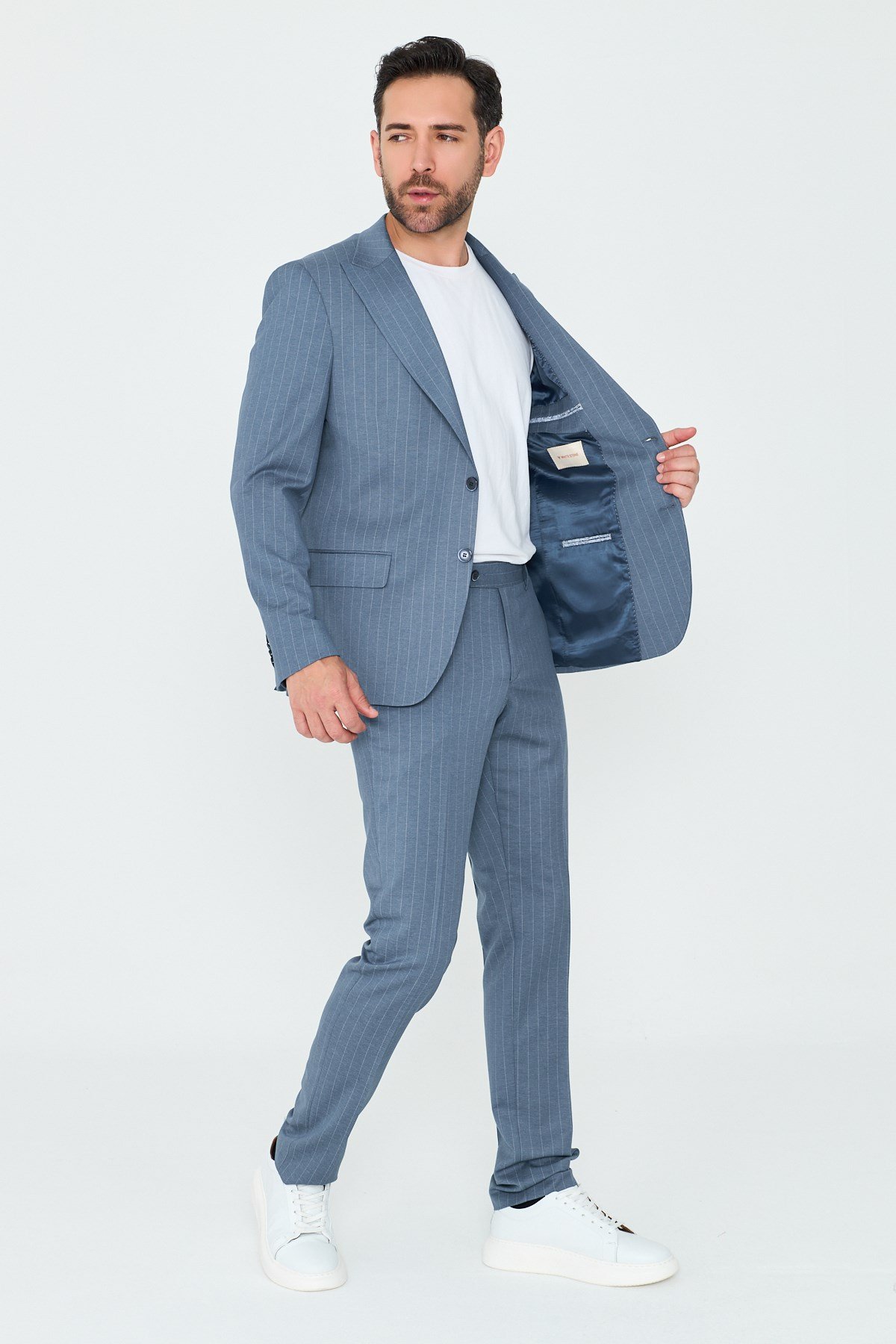 White StoneMavi Çizgili Sivri Yaka 6 Drop Regular Fit Günlük Takım Elbise