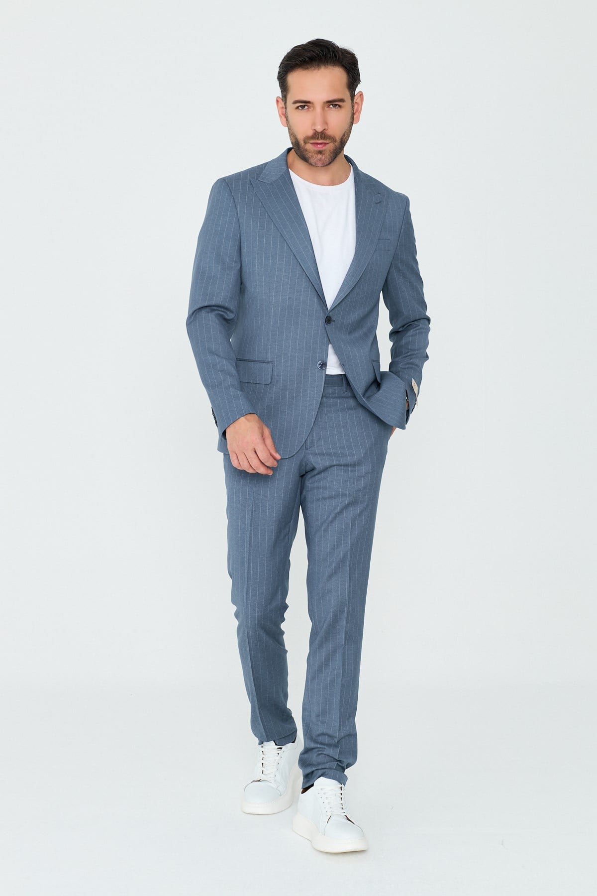 White StoneMavi Çizgili Sivri Yaka 6 Drop Regular Fit Günlük Takım Elbise
