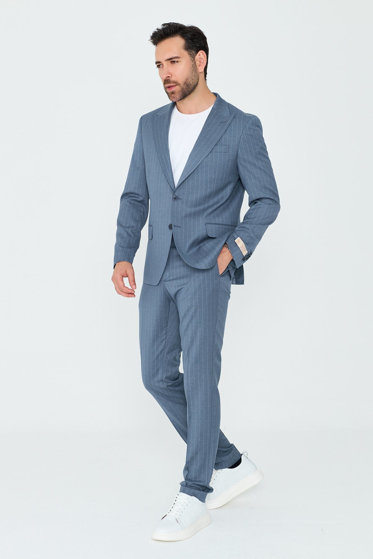 White StoneMavi Çizgili Sivri Yaka 6 Drop Regular Fit Günlük Takım Elbise