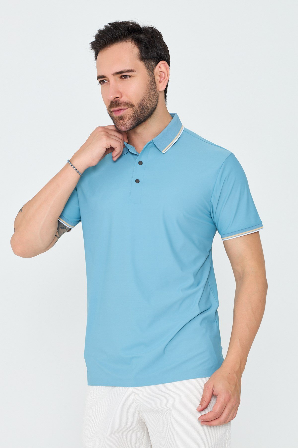 White StoneMavi Düğmeli Polo Yaka Erkek Tişört