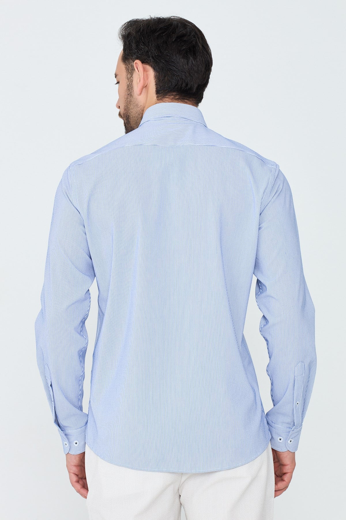 White StoneMavi İnce Çizgili Dynamic Fit Uzun Kollu Erkek Gömlek