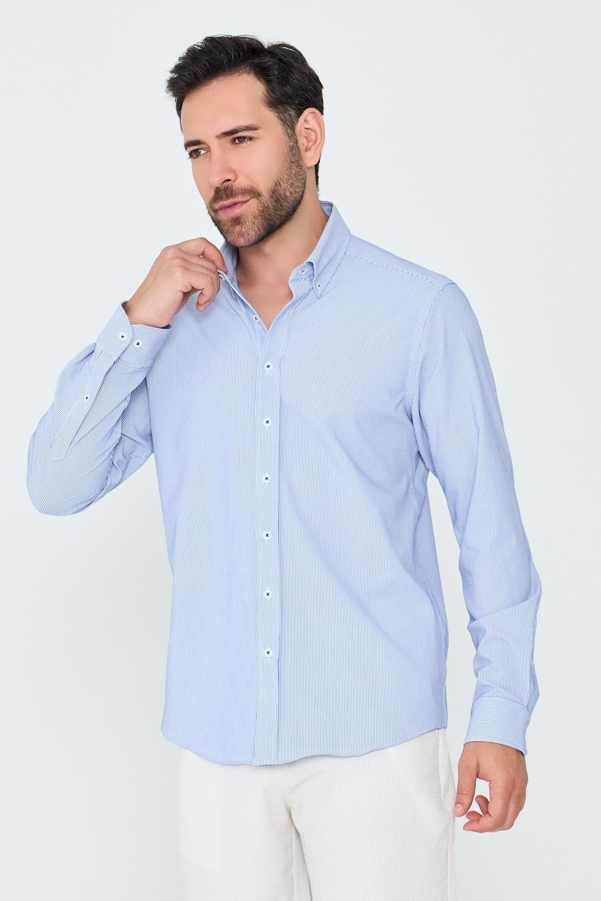 White StoneMavi İnce Çizgili Dynamic Fit Uzun Kollu Erkek Gömlek