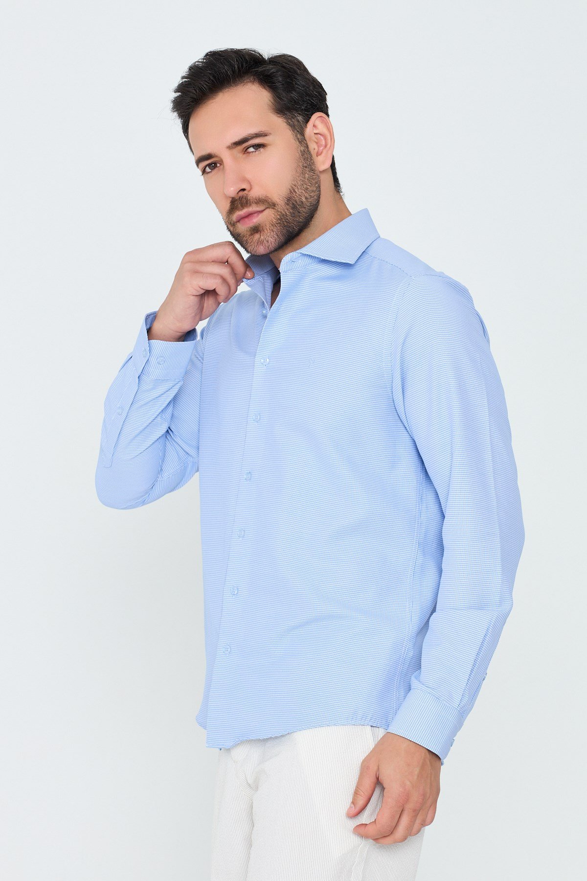 White StoneMavi Mikro Desenli Dynamic Fit Erkek Uzun Kollu Gömlek