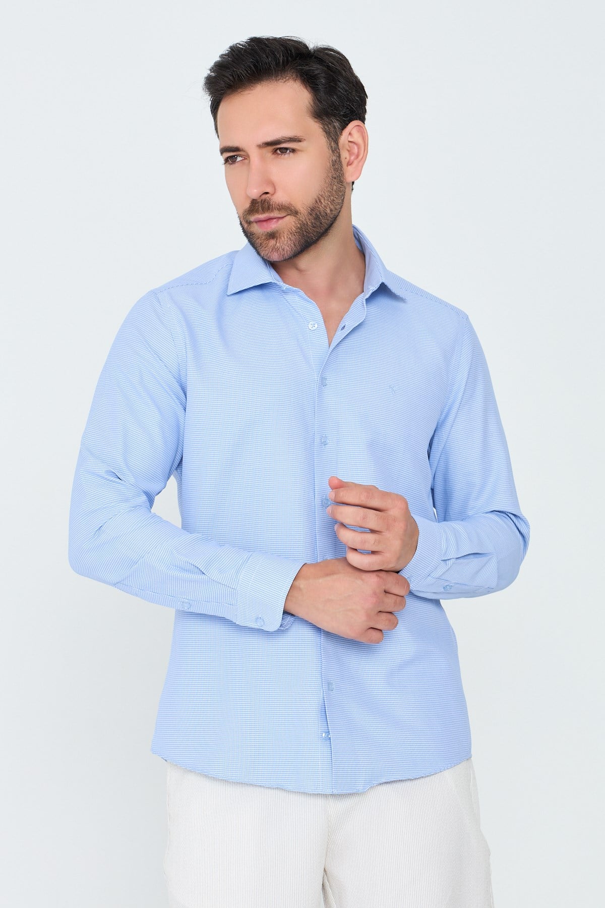 White StoneMavi Mikro Desenli Dynamic Fit Erkek Uzun Kollu Gömlek