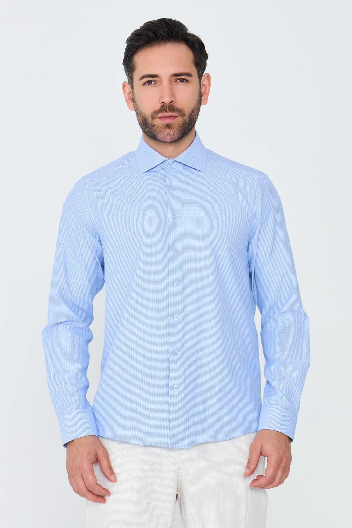 White StoneMavi Mikro Desenli Dynamic Fit Erkek Uzun Kollu Gömlek