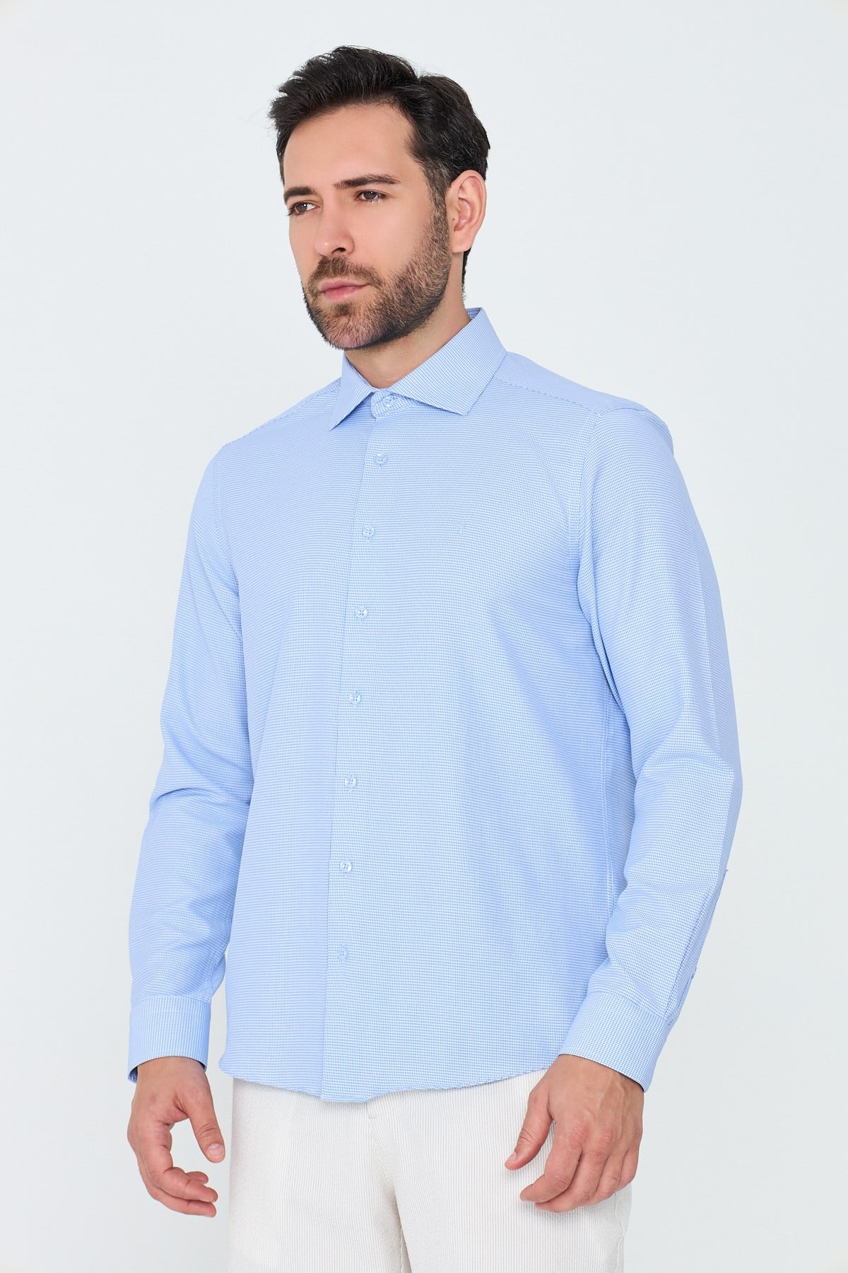 White StoneMavi Mikro Desenli Dynamic Fit Erkek Uzun Kollu Gömlek