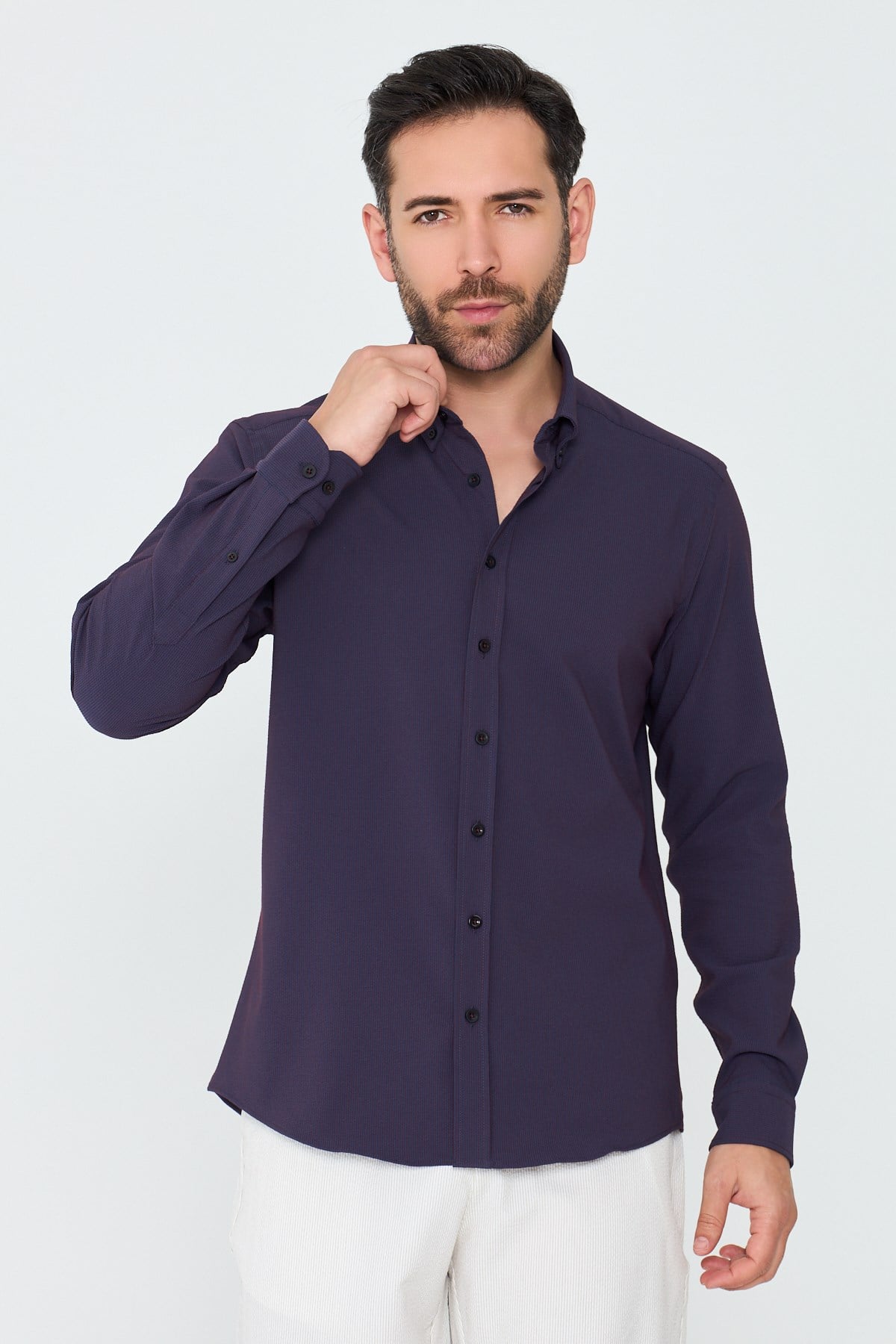White StoneMor İnce Çizgili Dynamic Fit Uzun Kollu Gömlek