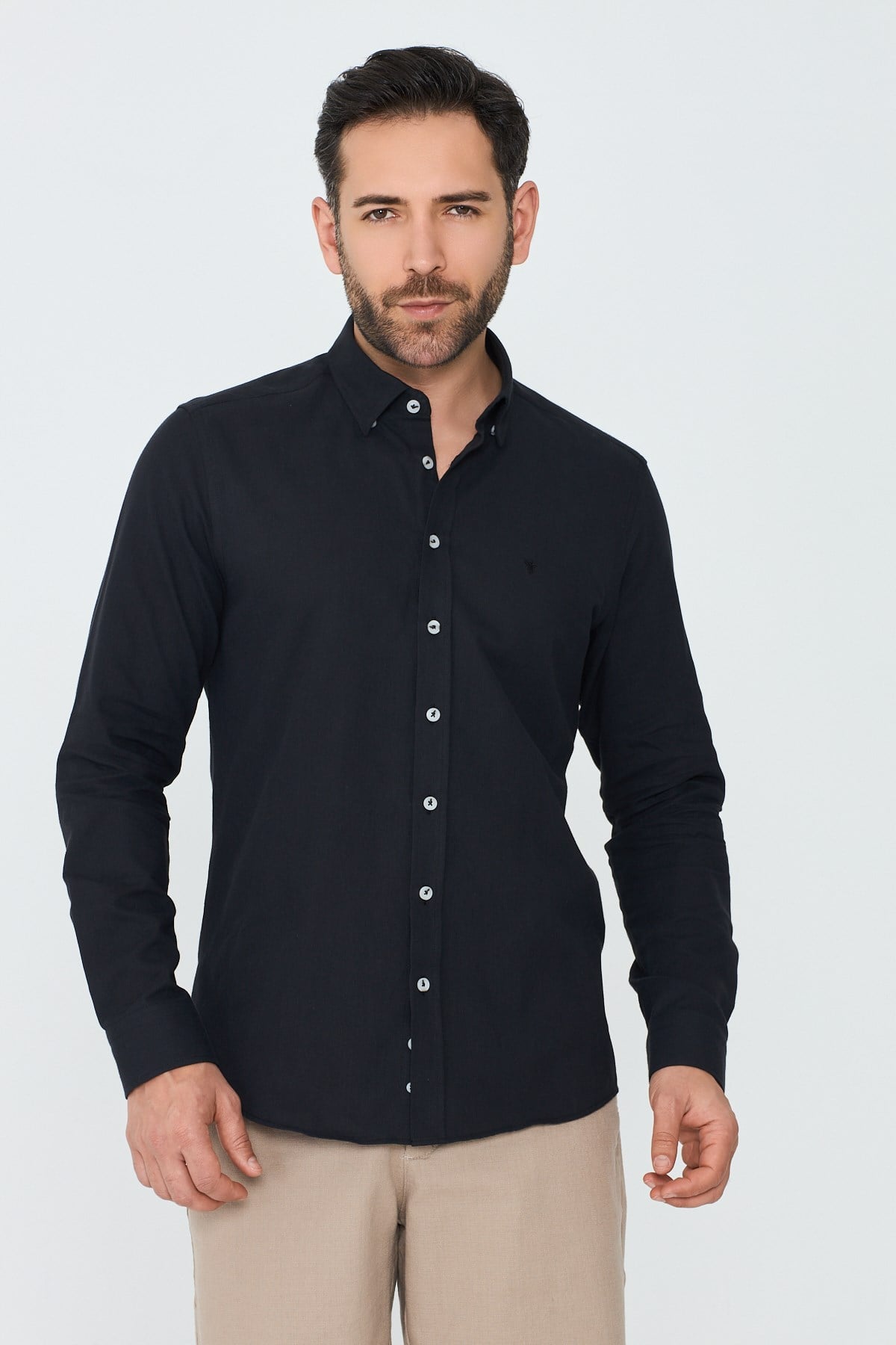 White StoneSiyah %100 Pamuk Dynamic Fit Erkek Uzun Kollu Gömlek
