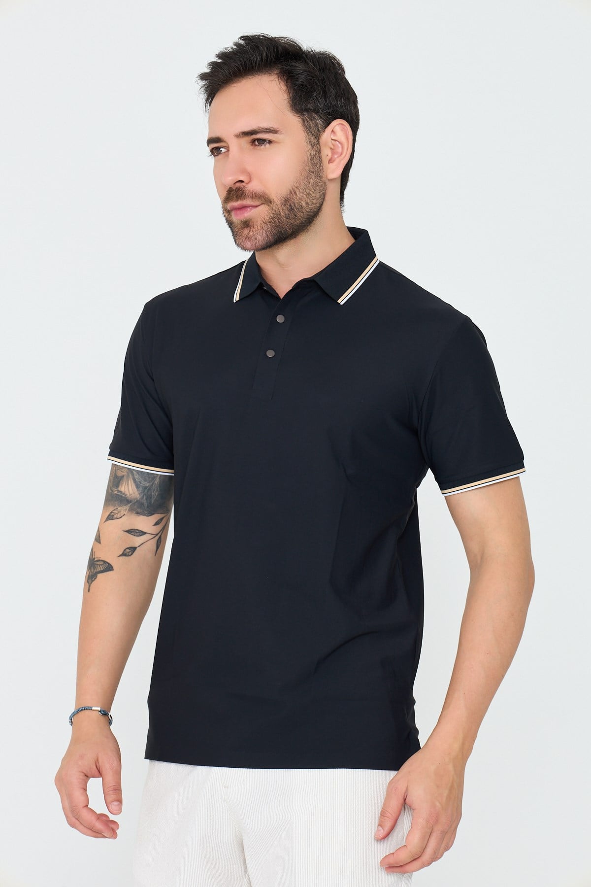 White StoneSiyah Düğmeli Polo Yaka Erkek Tişört