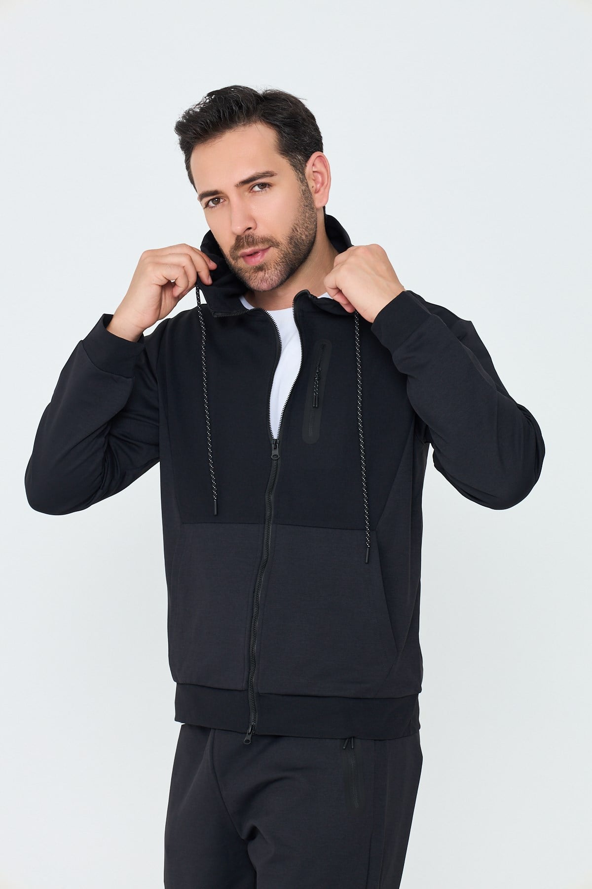 White StoneSiyah Kapüşonlu Fermuarlı Erkek Sweatshirt
