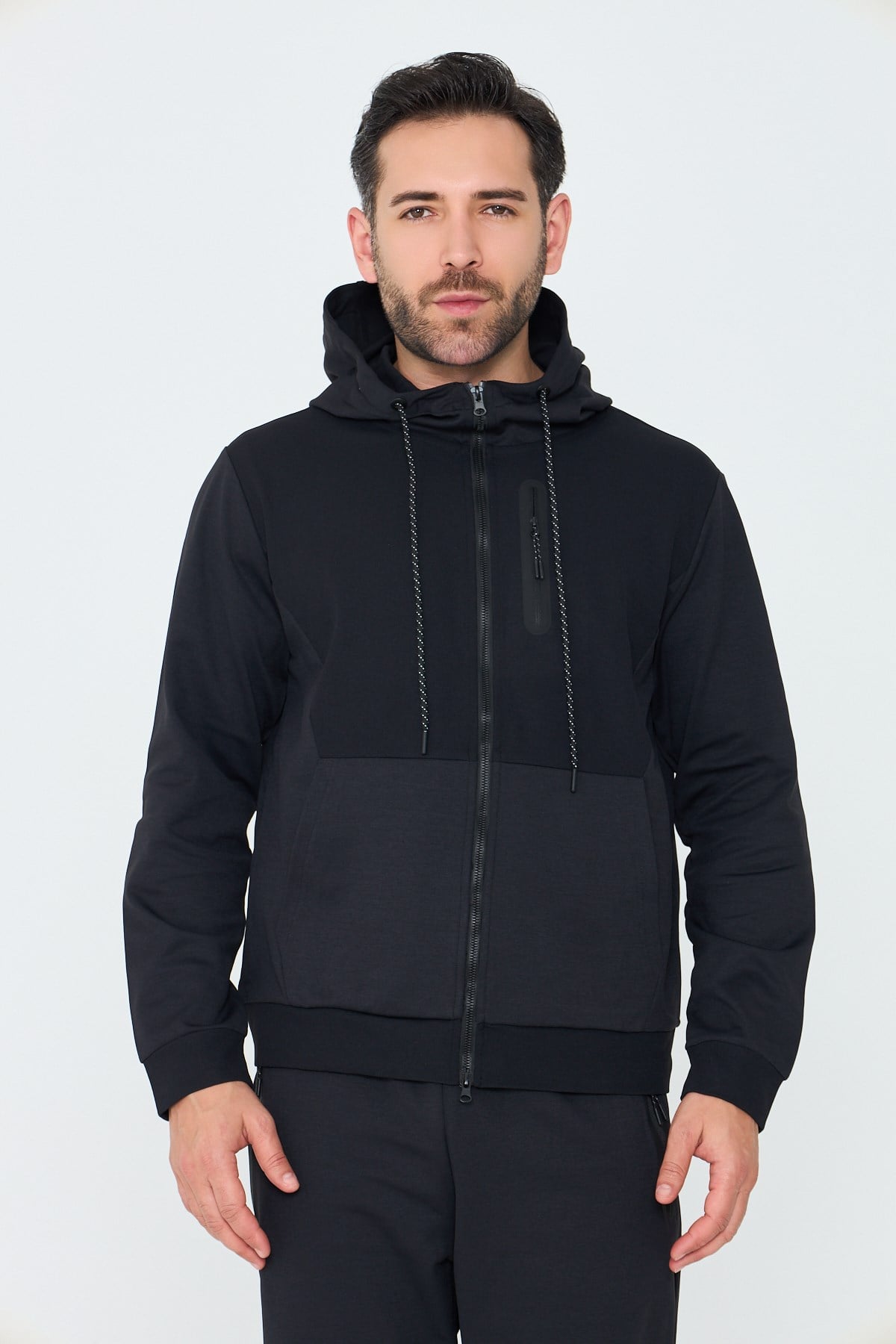 White StoneSiyah Kapüşonlu Fermuarlı Erkek Sweatshirt