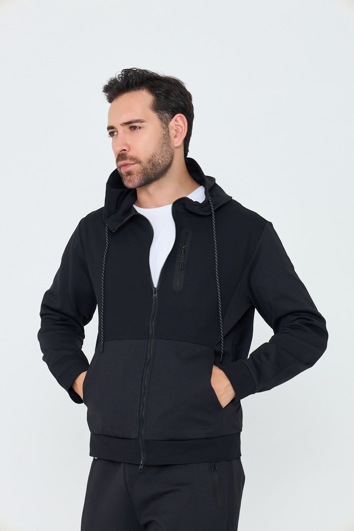 White StoneSiyah Kapüşonlu Fermuarlı Erkek Sweatshirt