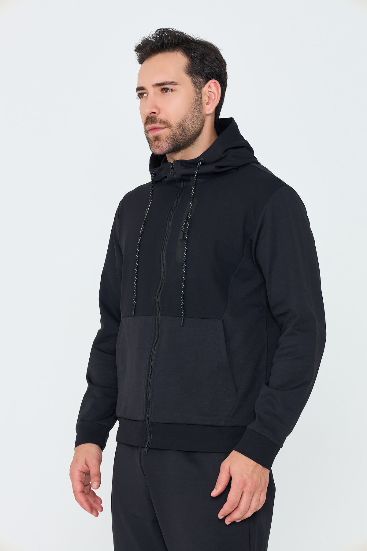 White StoneSiyah Kapüşonlu Fermuarlı Erkek Sweatshirt