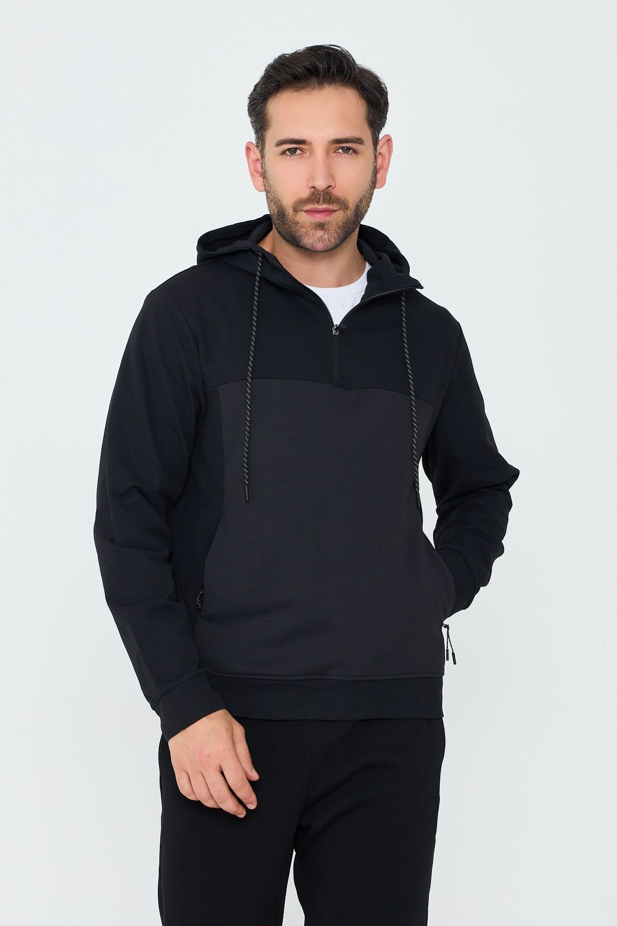 White StoneSiyah Kapüşonlu Yarım Fermuarlı Yandan Cepli Erkek Sweatshirt