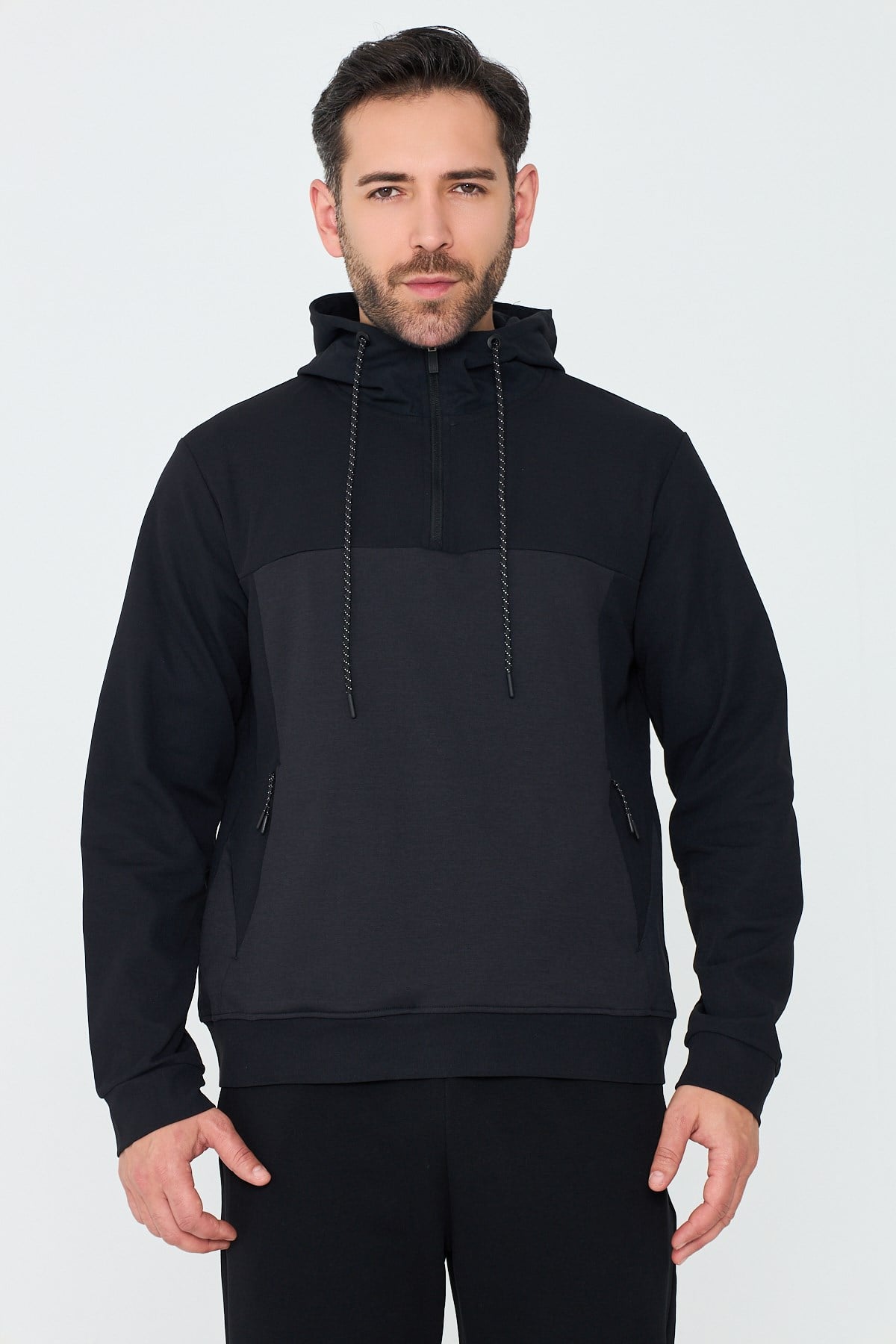 White StoneSiyah Kapüşonlu Yarım Fermuarlı Yandan Cepli Erkek Sweatshirt