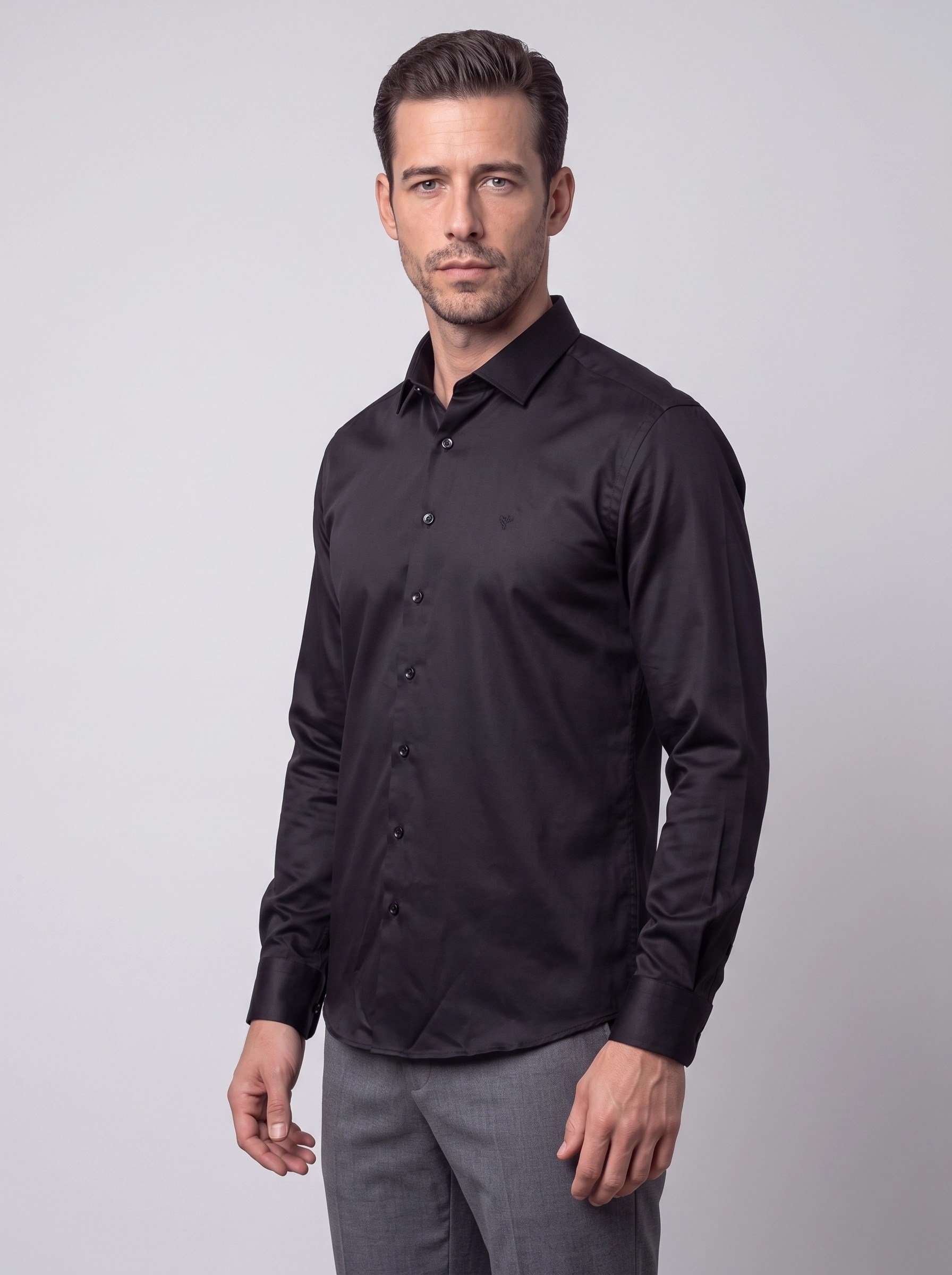 White StoneSiyah Non-Iron Pamuklu Dynamic Fit Erkek Uzun Kollu Gömlek