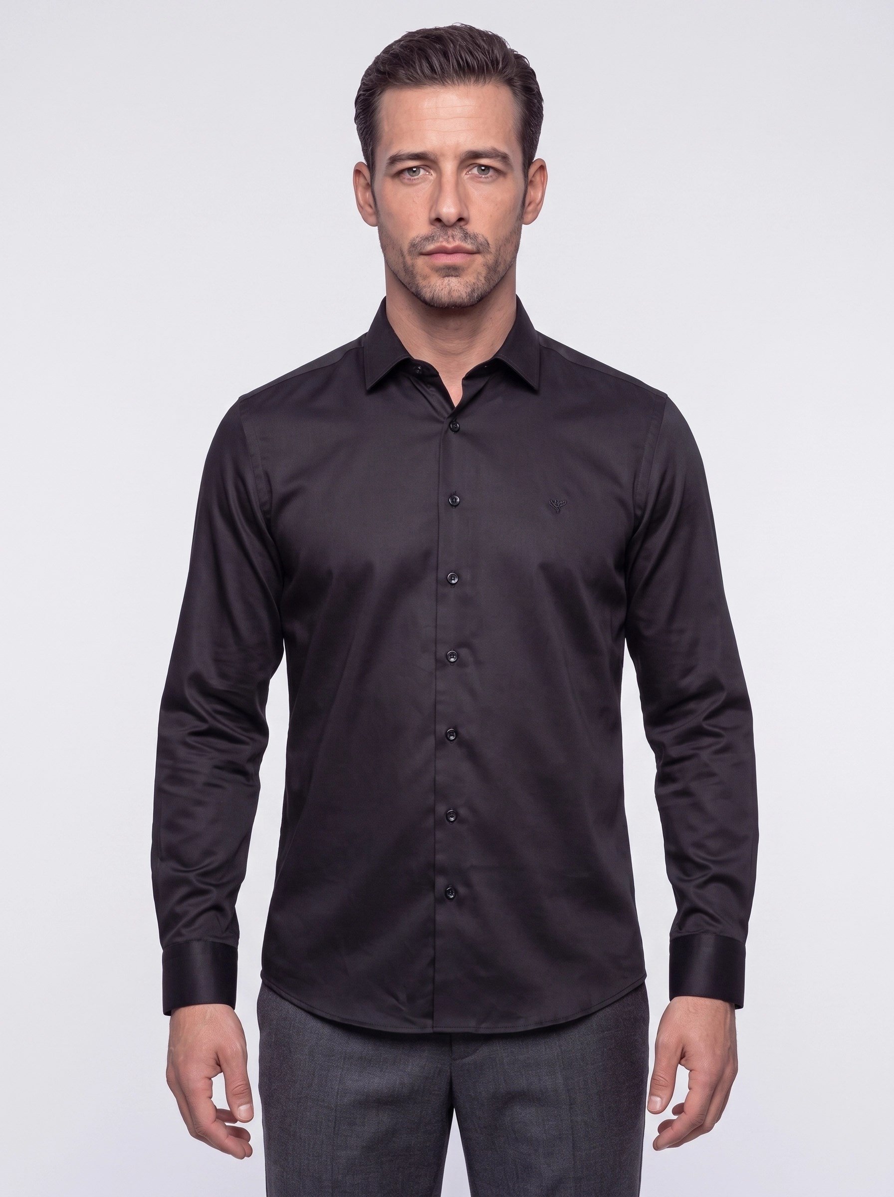 White StoneSiyah Non-Iron Pamuklu Dynamic Fit Erkek Uzun Kollu Gömlek