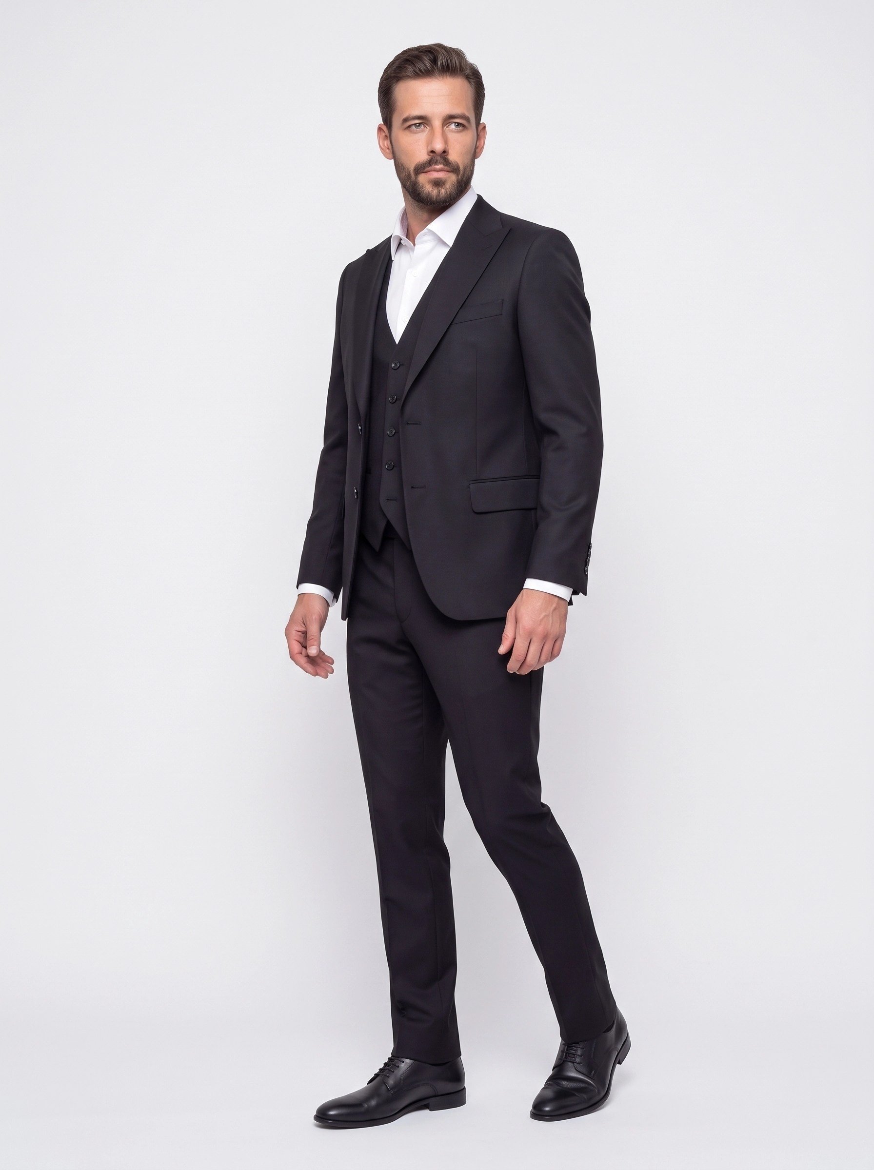 White StoneSiyah Regular Fit 6 Drop Sivri Yaka Yelekli Erkek Takım Elbise