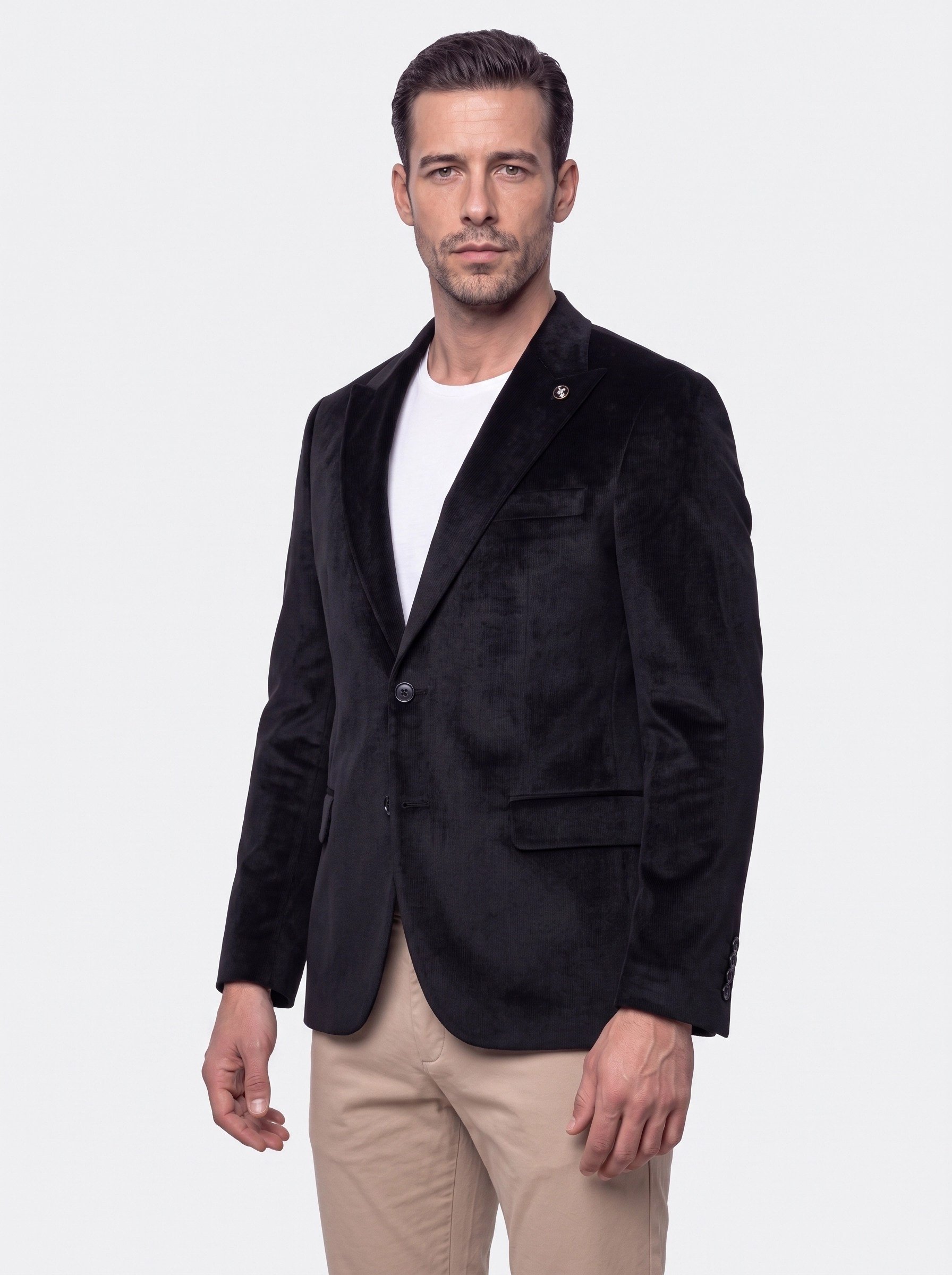 White StoneSiyah Sivri Yakalı Slim Fit 6 Drop Erkek Casual Kadife Ceket