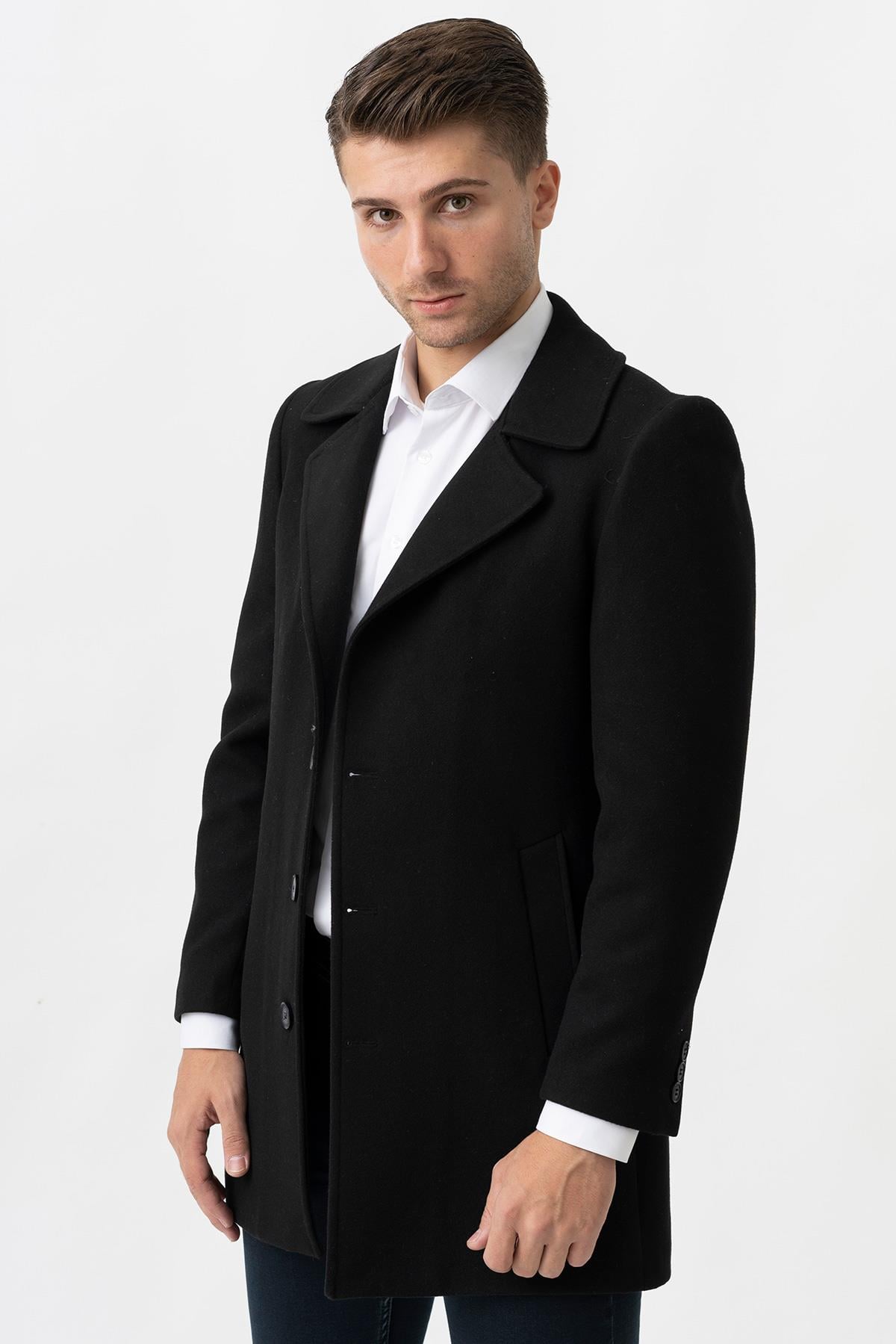 White StoneWhite Stone Bolzano 4019 Geniş Yaka Slim Fit Yünlü Kemerli  Kaban Siyah
