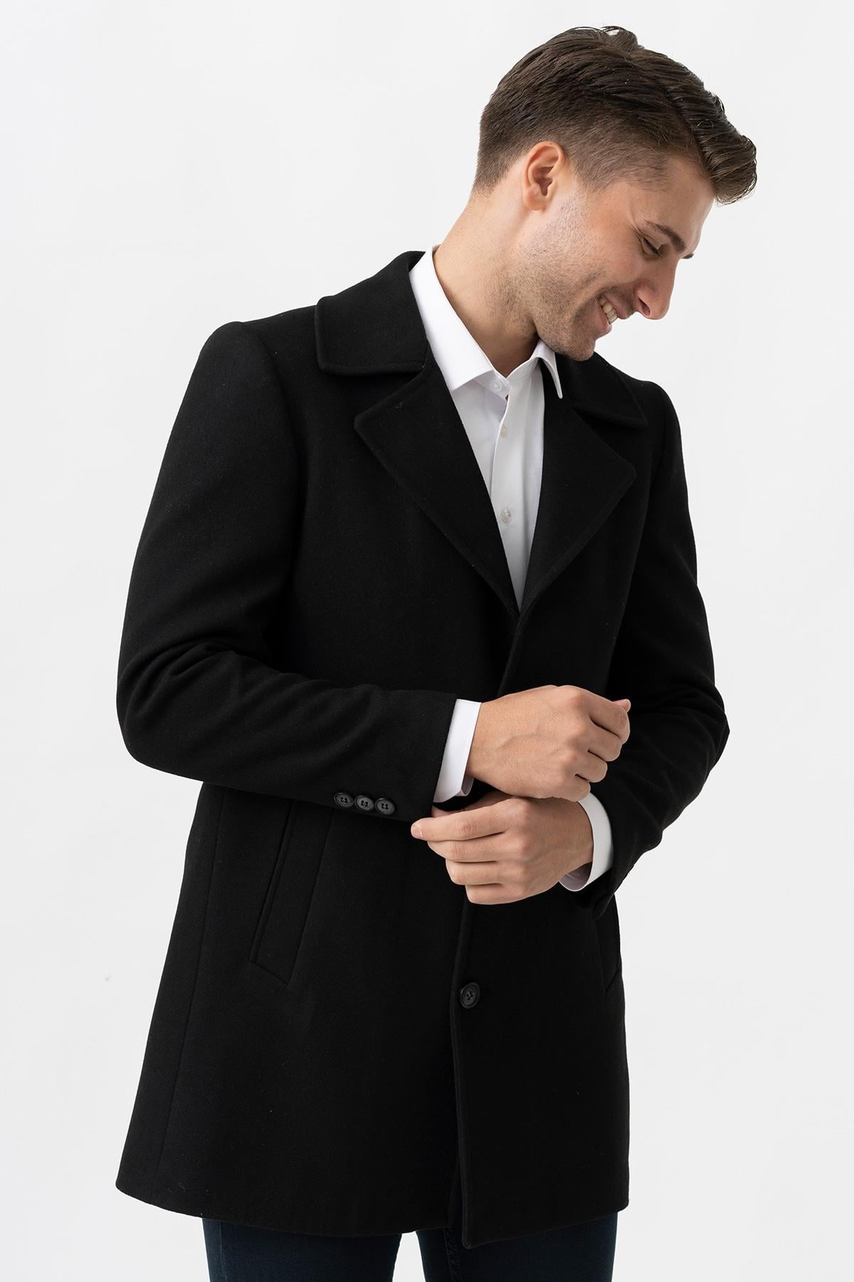 White StoneWhite Stone Bolzano 4019 Geniş Yaka Slim Fit Yünlü Kemerli  Kaban Siyah