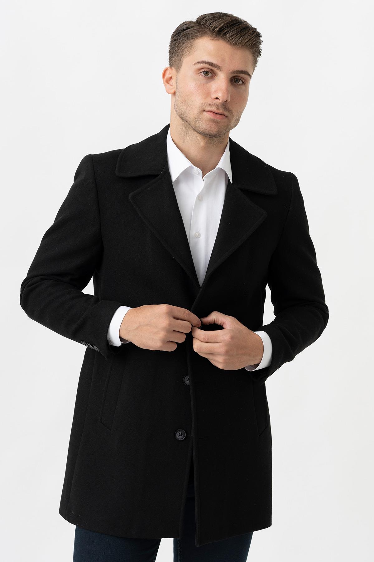 White StoneWhite Stone Bolzano 4019 Geniş Yaka Slim Fit Yünlü Kemerli  Kaban Siyah