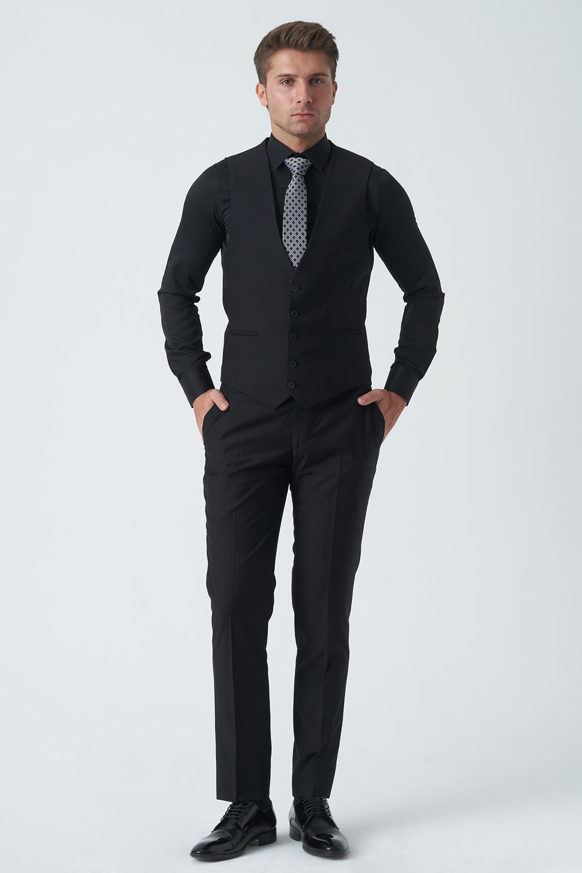 White StoneWhite Stone Canterbury TY2453 Slim Fit 6 Drop Düz Yelekli Takım Elbise Siyah