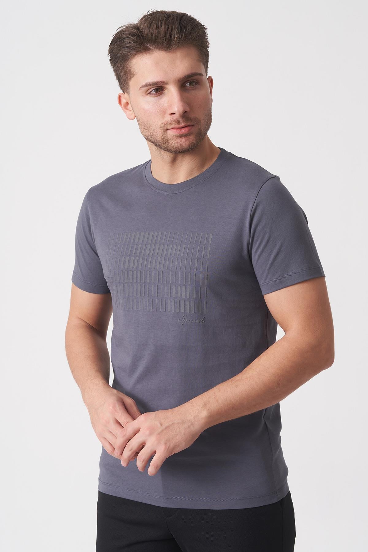 White StoneWhite Stone Rio de Janeiro 3087 Slim Fit Bisiklet Yaka Pamuklu Likralı T-Shirt  Füme