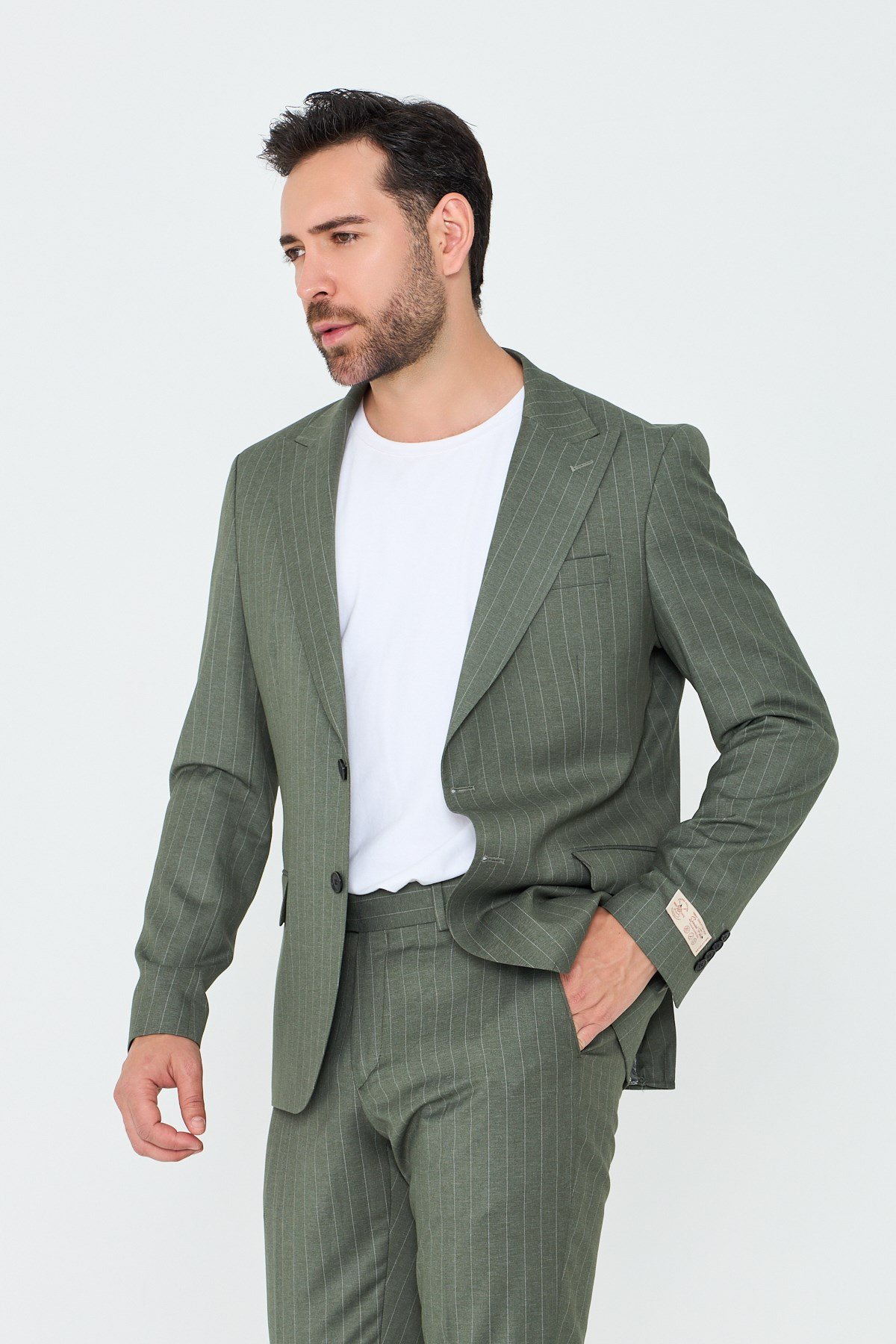 White StoneYeşil Çizgili Sivri Yaka 6 Drop Regular Fit Günlük Takım Elbise