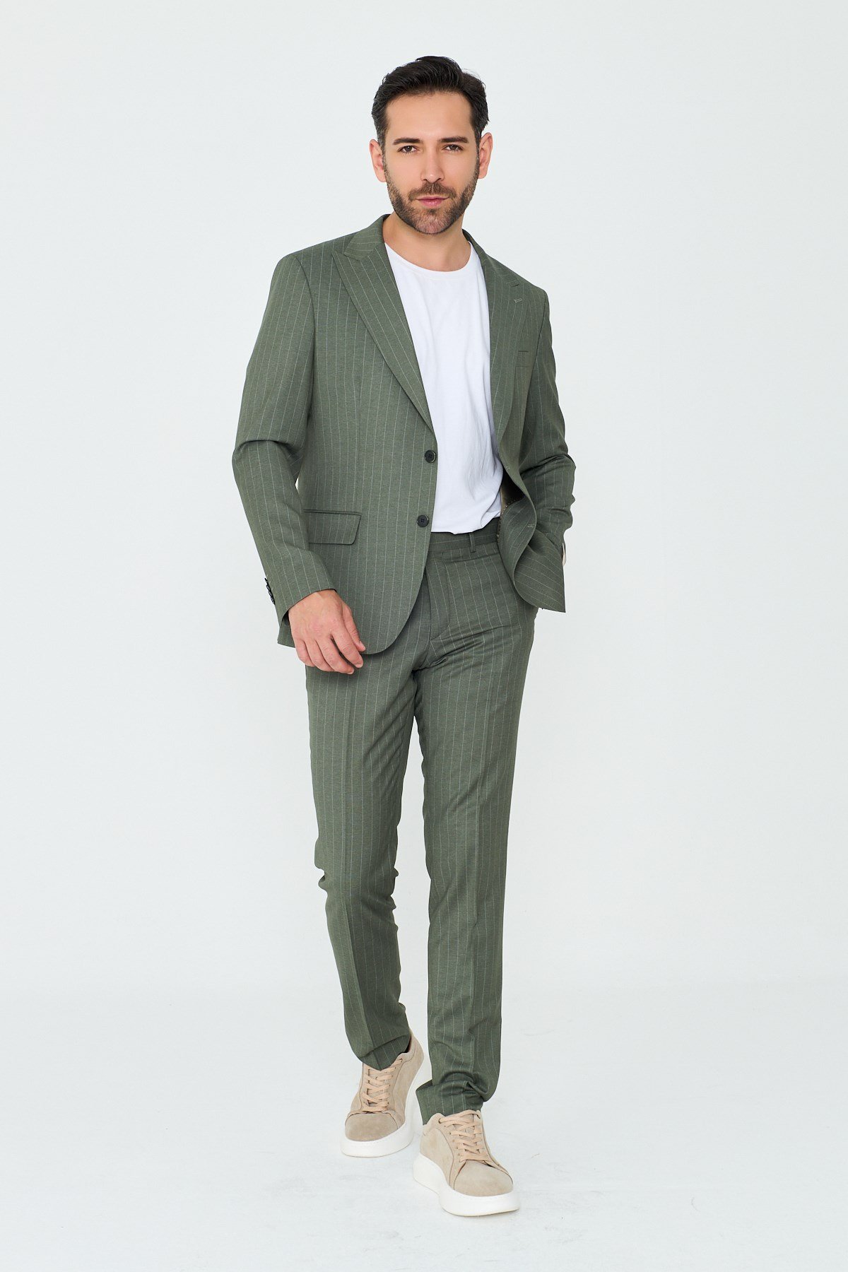 White StoneYeşil Çizgili Sivri Yaka 6 Drop Regular Fit Günlük Takım Elbise