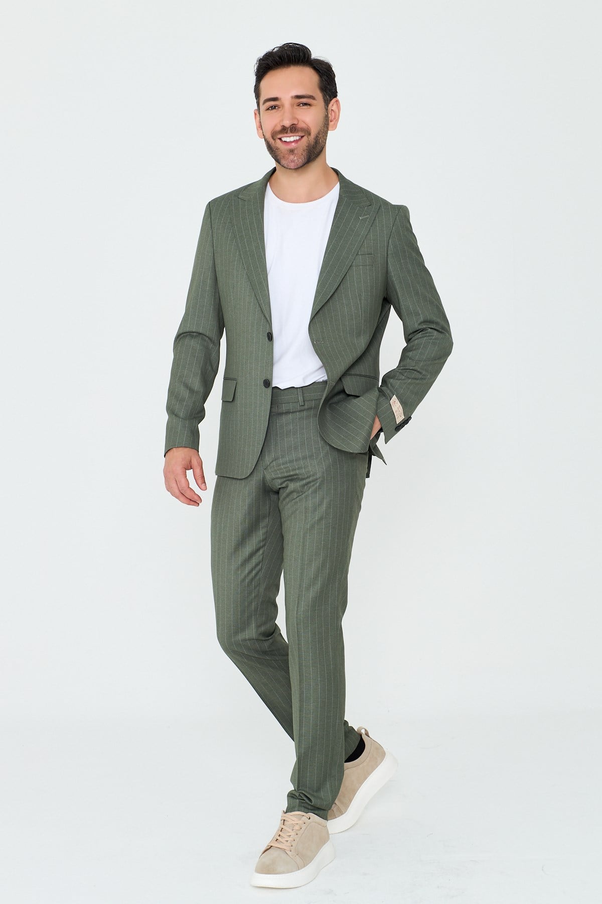 White StoneYeşil Çizgili Sivri Yaka 6 Drop Regular Fit Günlük Takım Elbise