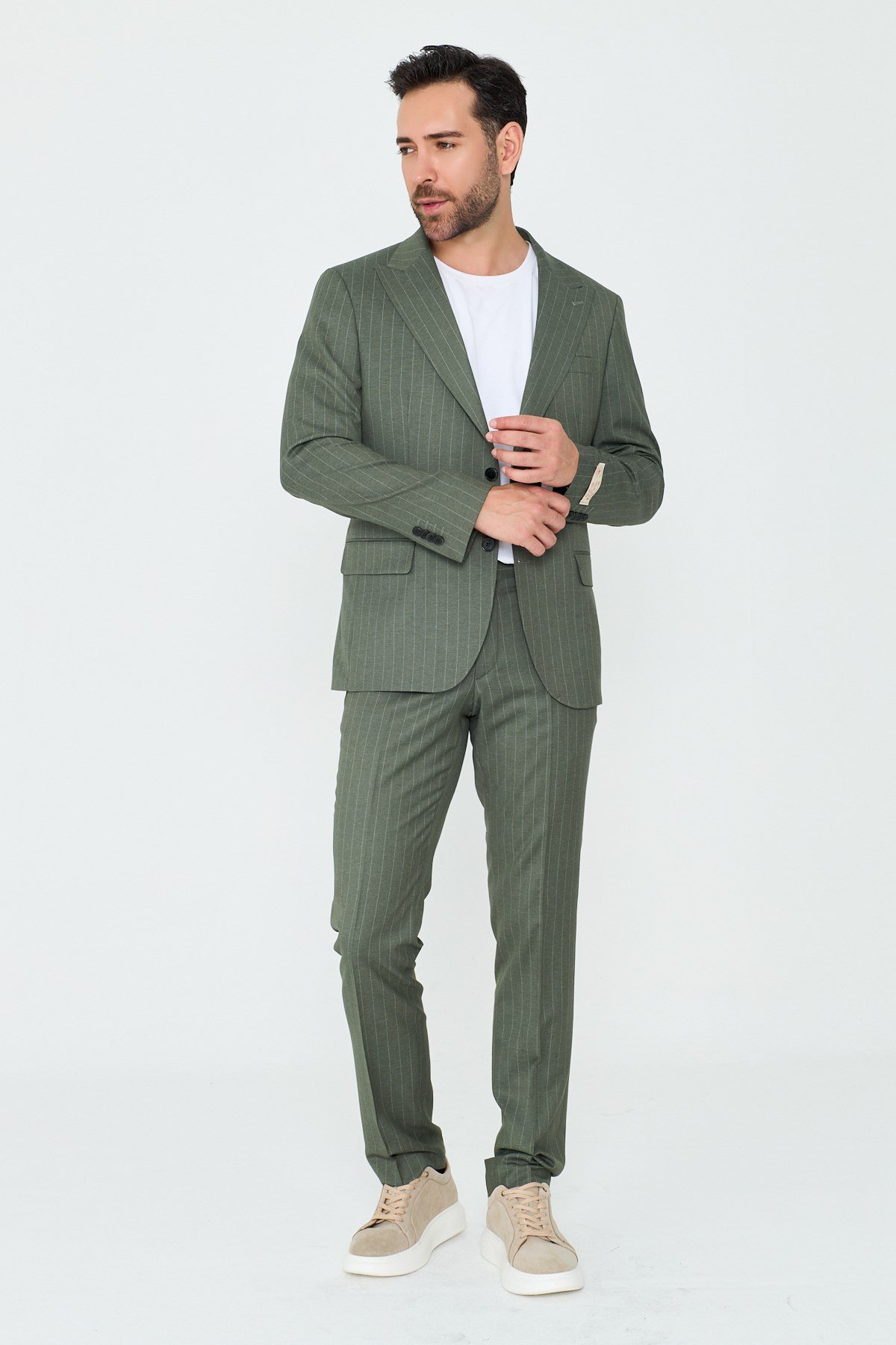 White StoneYeşil Çizgili Sivri Yaka 6 Drop Regular Fit Günlük Takım Elbise