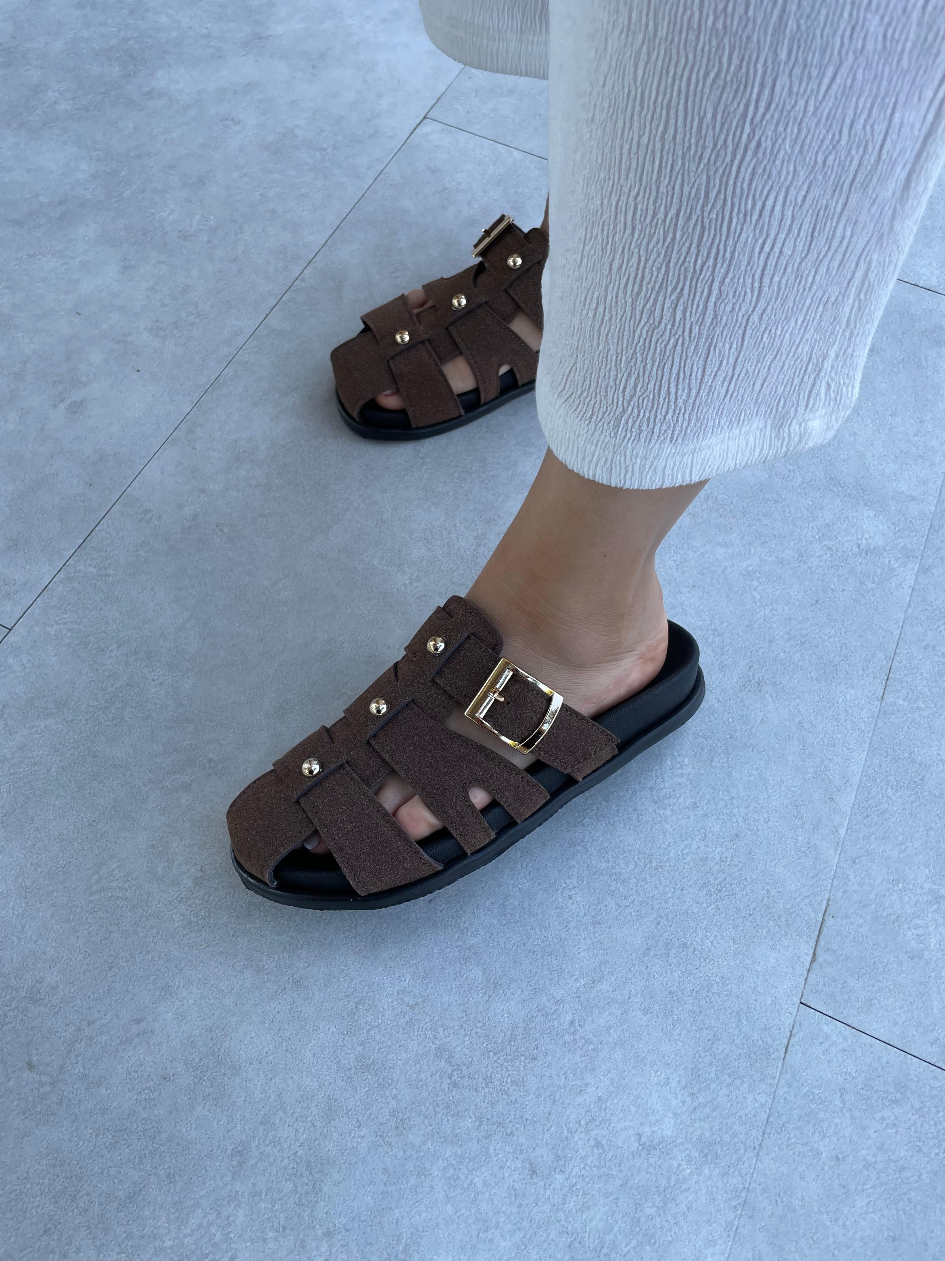 Pia Acı Kahve Süet Boncuk Detaylı Terlik