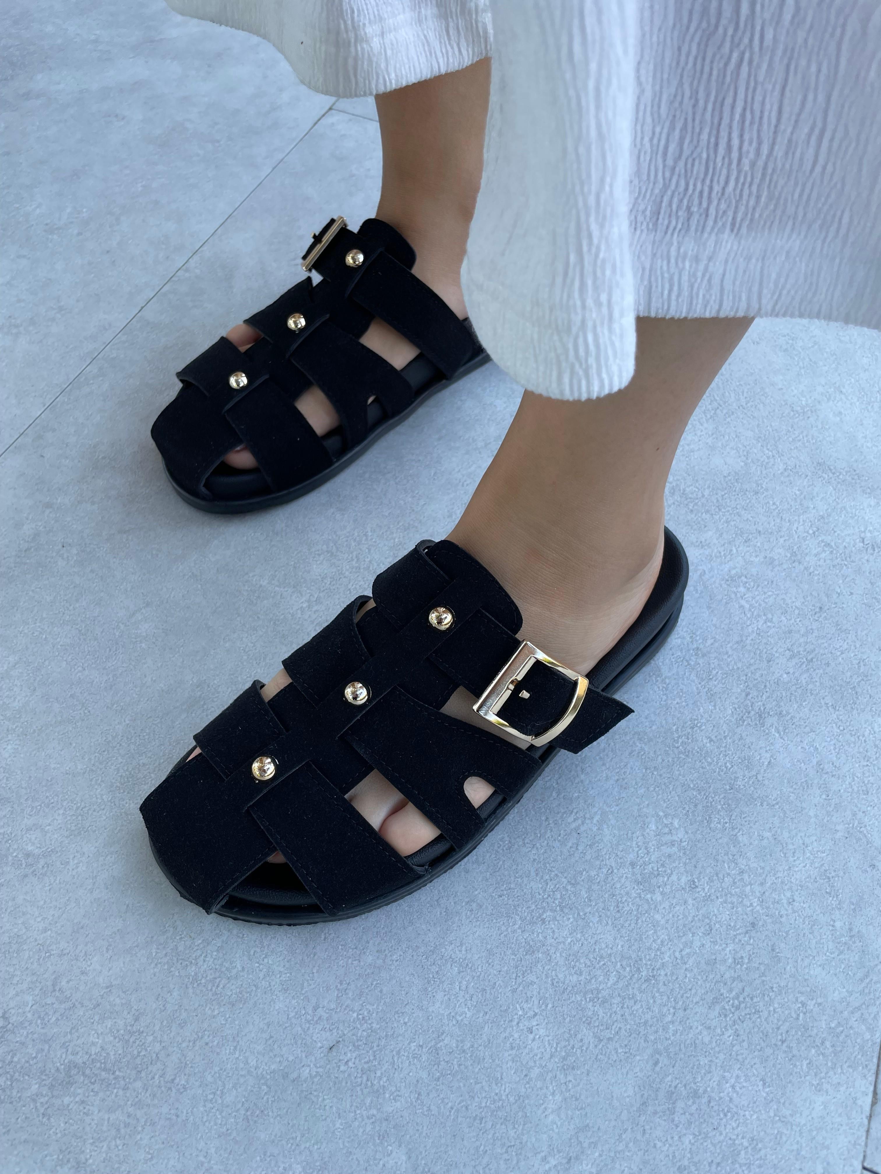 Pia Siyah Süet Boncuk Detaylı Terlik