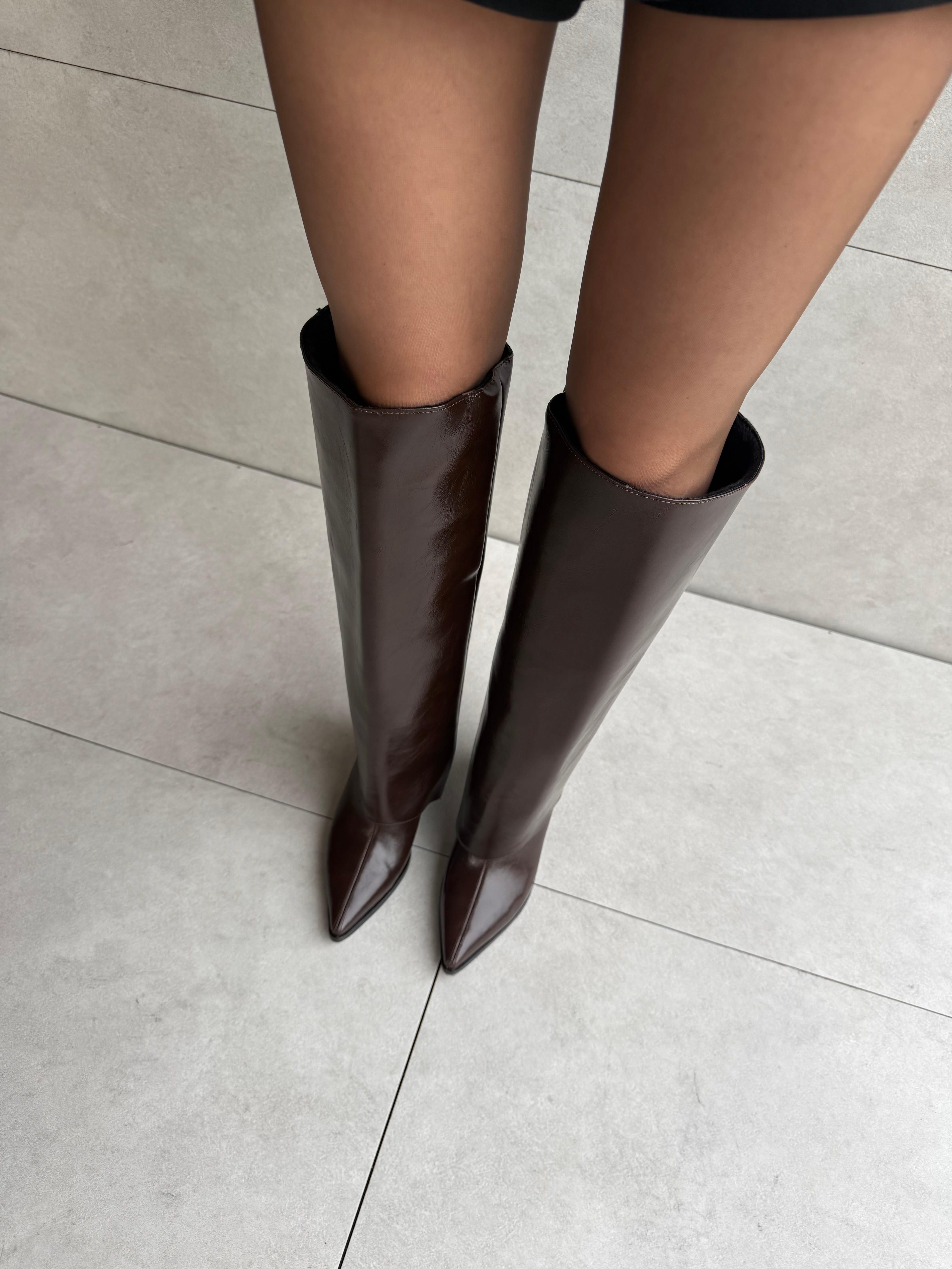 Rita Acı Kahve Kırışık Rugan Renk Sök Tak XL Bot Çizme