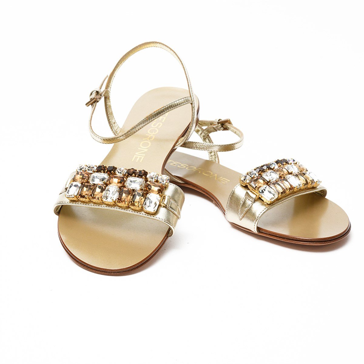 Tesorone Swarovski Taşlı Kösele Tabanlı  Deri Sandalet (T080M)
