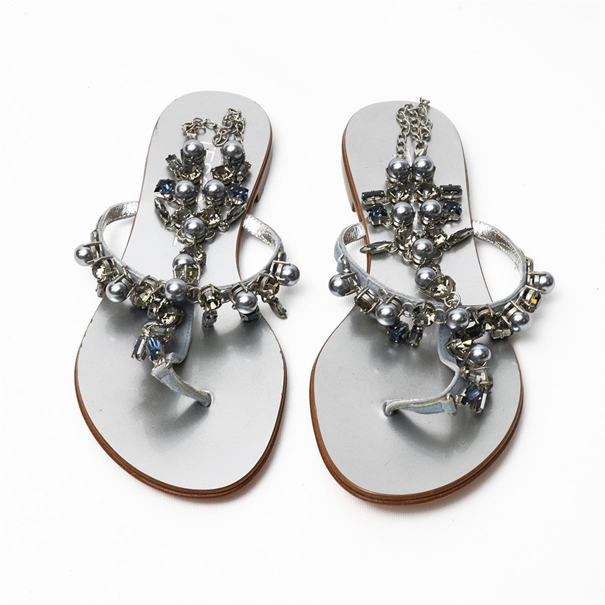 Tesorone Swarovski Taşlı Kösele Tabanlı Deri  Sandalet (T050P)