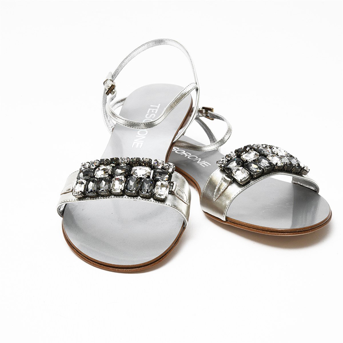 Tesorone Swarovski Taşlı Kösele Tabanlı Deri Sandalet (T080S)